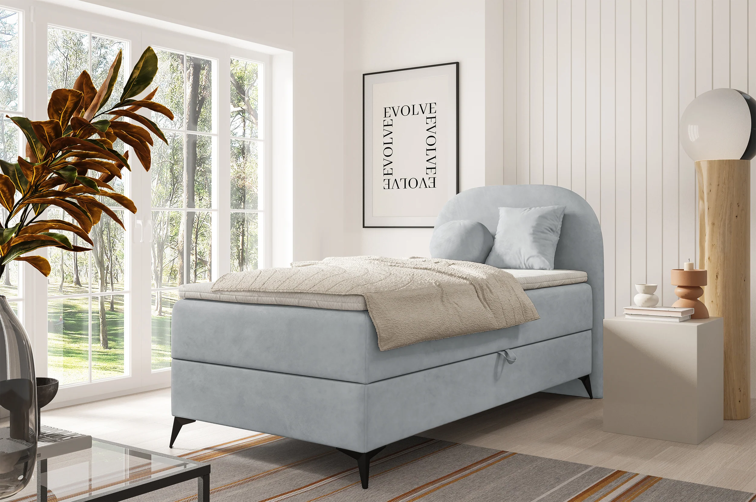 Łóżko młodzieżowe 90x200 cm Lunelle prawostronne z topperem i pojemnikiem jasnoszare welur - Image 2
