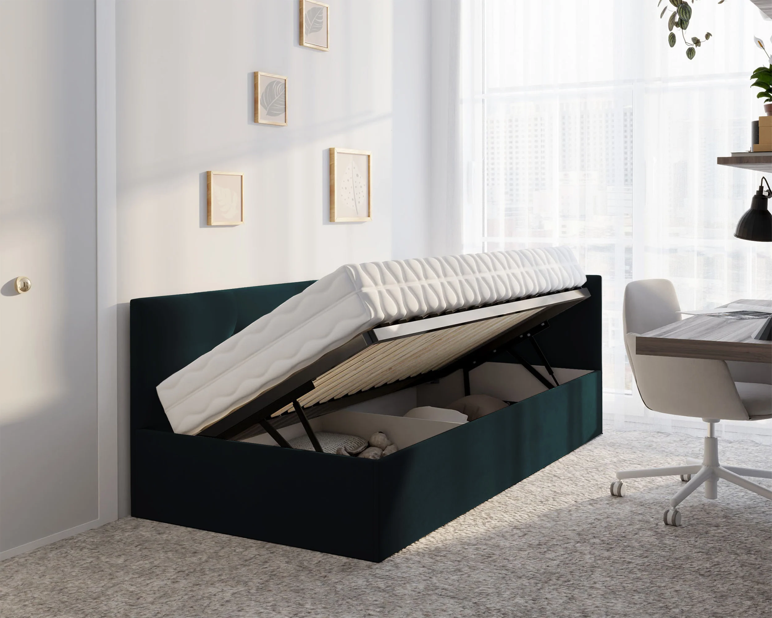 Łóżko młodzieżowe 90x200 cm Pixxel uniwersalne stelaż metalowy butelkowa zieleń welur - Image 3