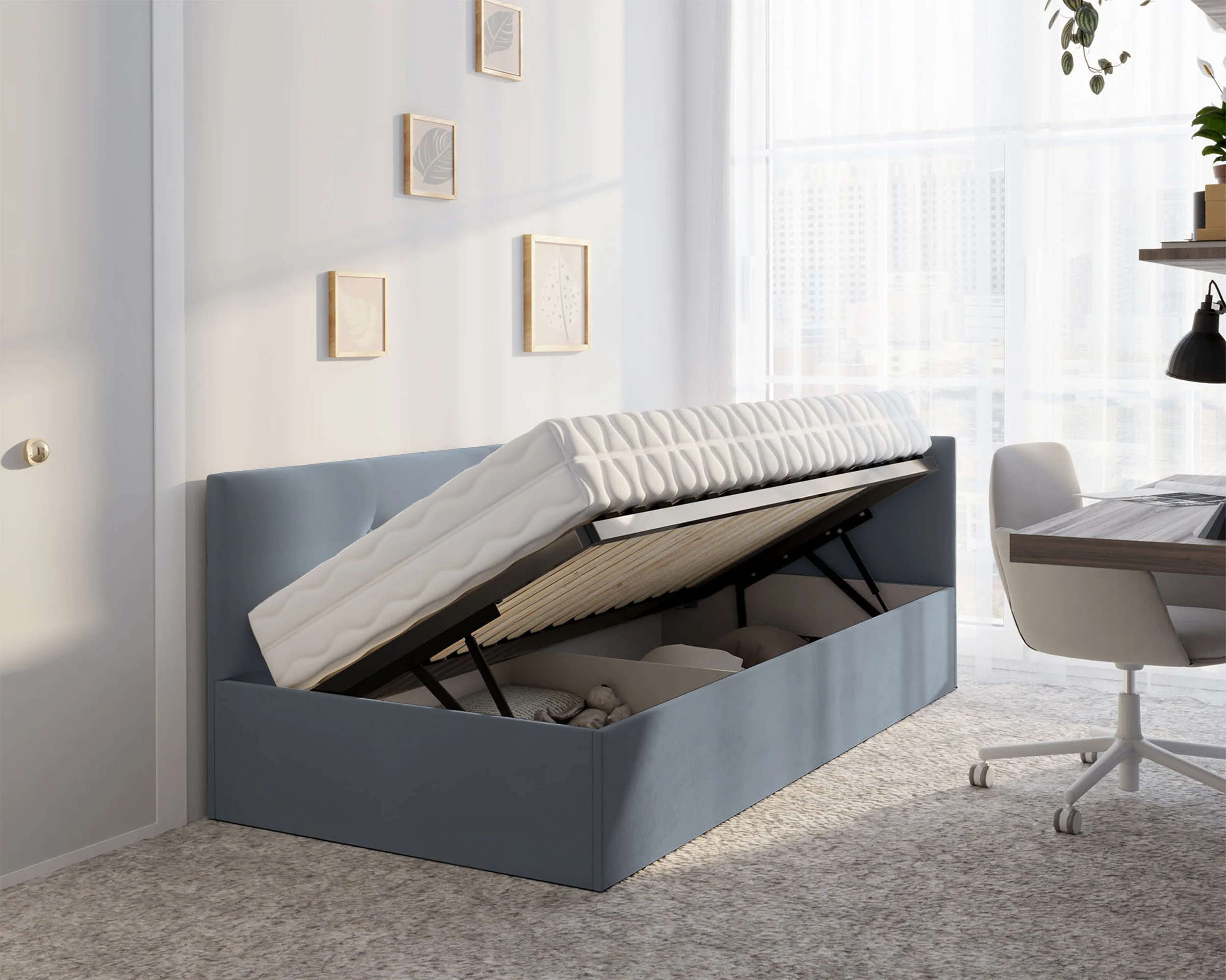 Łóżko młodzieżowe 90x200 cm Pixxel uniwersalne stelaż metalowy szare welur - Image 3