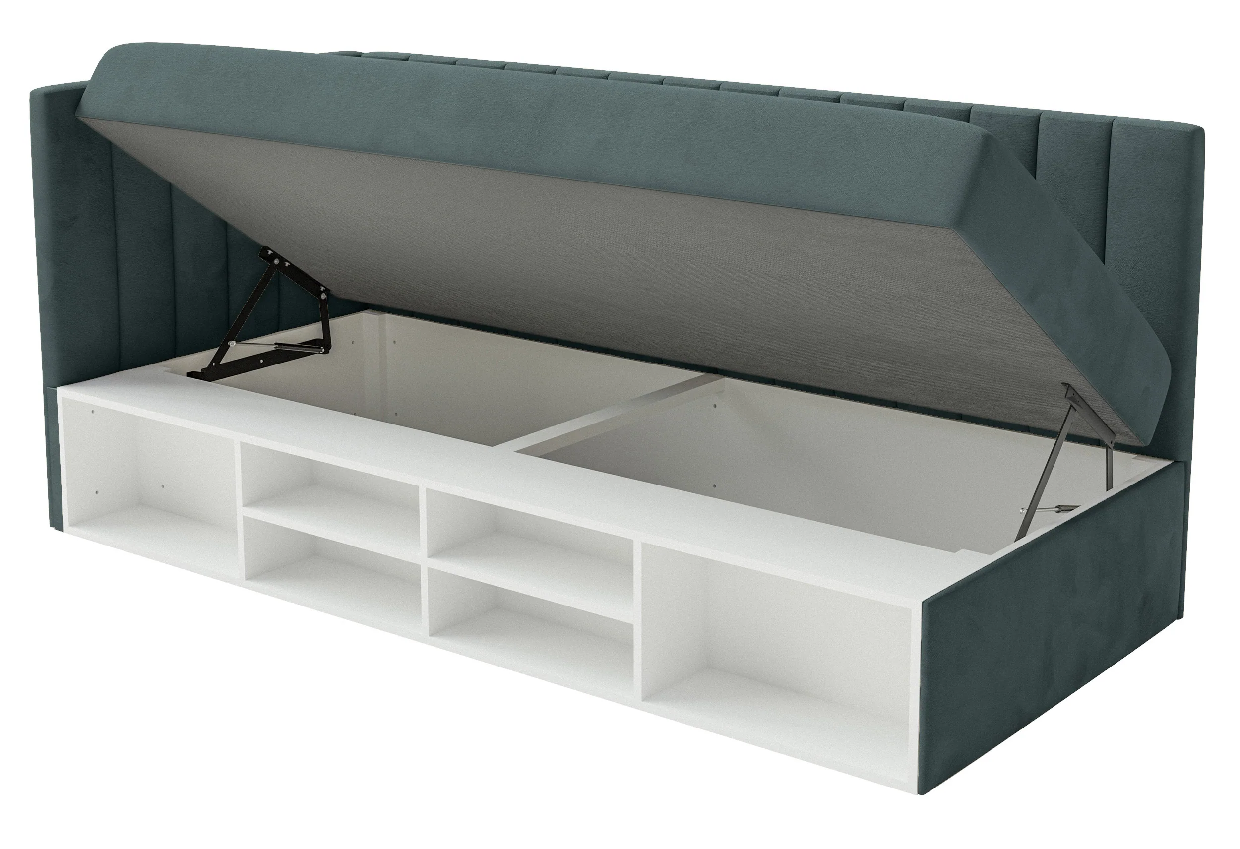 Łóżko młodzieżowe 90x200 cm Ventrio lewostronne z pojemnikiem i półkami niebieskoszare welur hydrofobowy łatwoczyszczący - Image 7