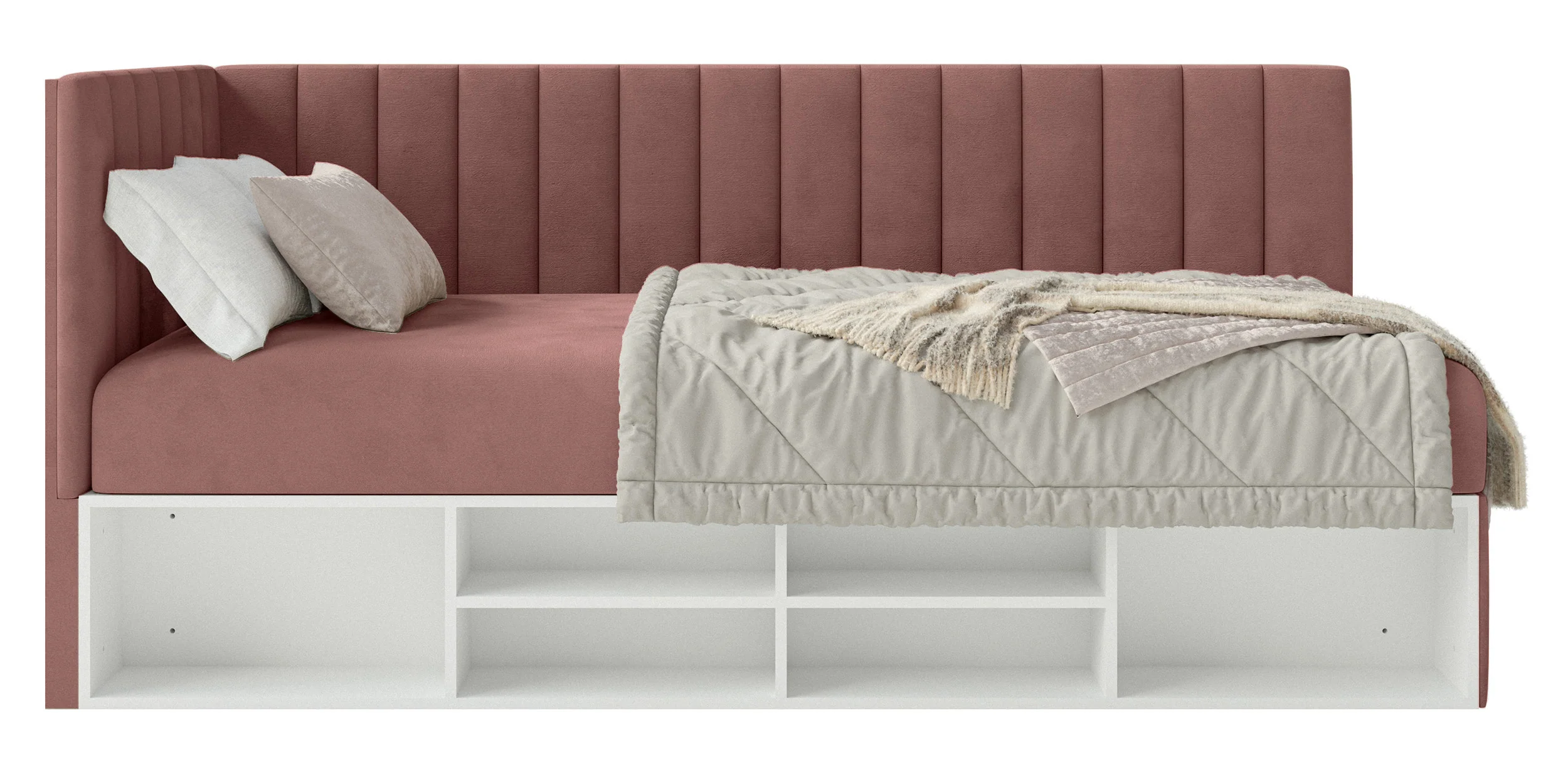 Łóżko młodzieżowe 90x200 cm Ventrio lewostronne z pojemnikiem i półkami różowe welur hydrofobowy łatwoczyszczący - Image 5