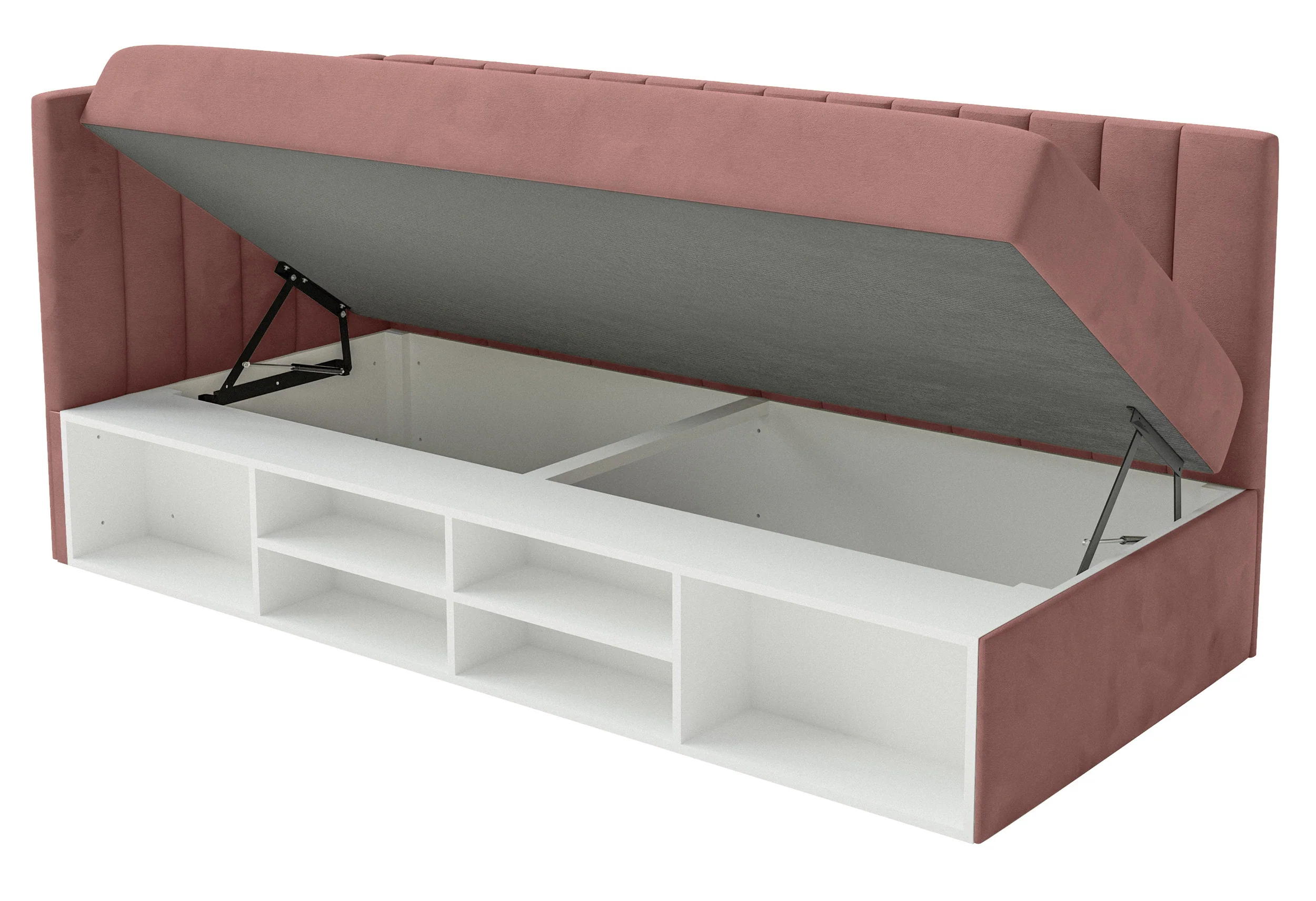 Łóżko młodzieżowe 90x200 cm Ventrio lewostronne z pojemnikiem i półkami różowe welur hydrofobowy łatwoczyszczący - Image 7