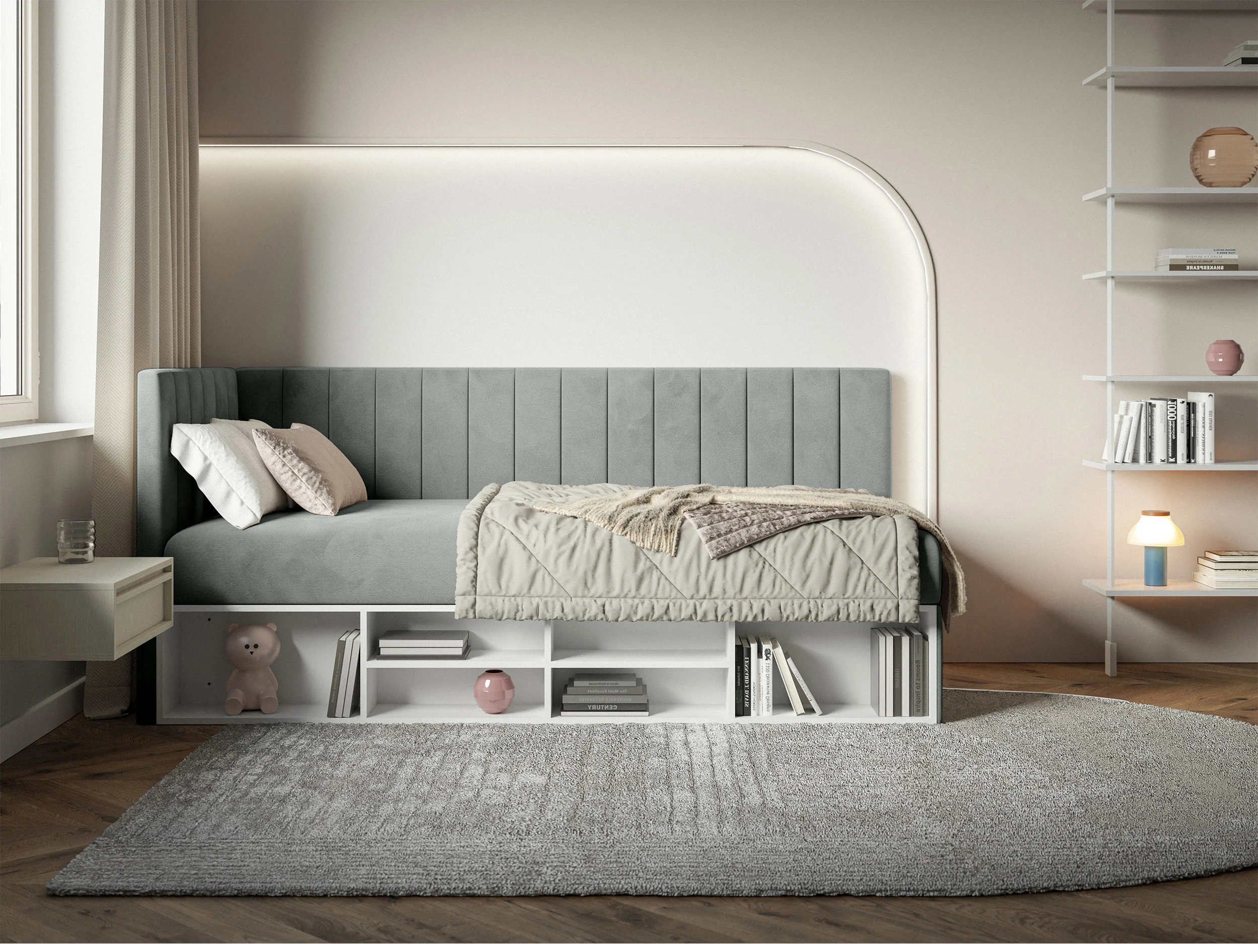 Łóżko młodzieżowe 90x200 cm Ventrio lewostronne z pojemnikiem i półkami szare welur hydrofobowy łatwoczyszczący - Image 3