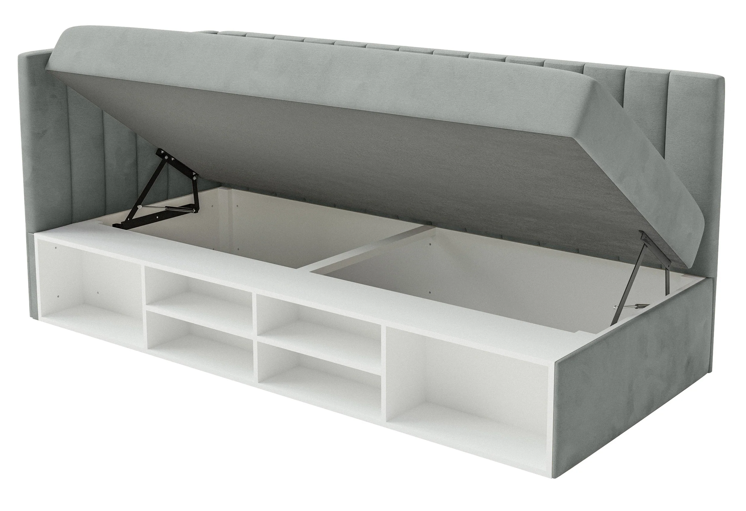 Łóżko młodzieżowe 90x200 cm Ventrio lewostronne z pojemnikiem i półkami szare welur hydrofobowy łatwoczyszczący - Image 7