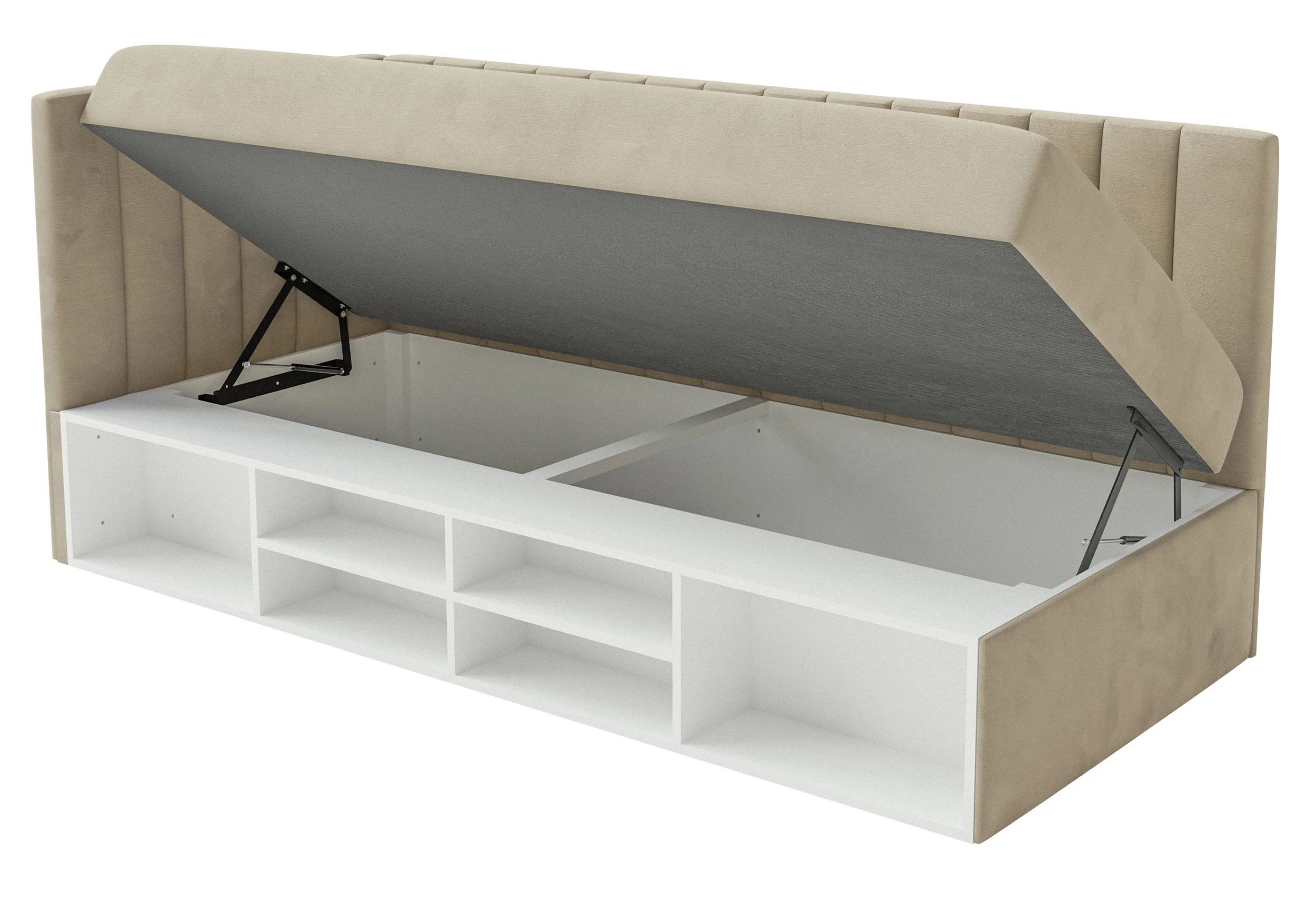 Łóżko młodzieżowe 90x200 cm Ventrio lewostronne z pojemnikiem i półkami szarobeżowe welur hydrofobowy łatwoczyszczący - Image 7