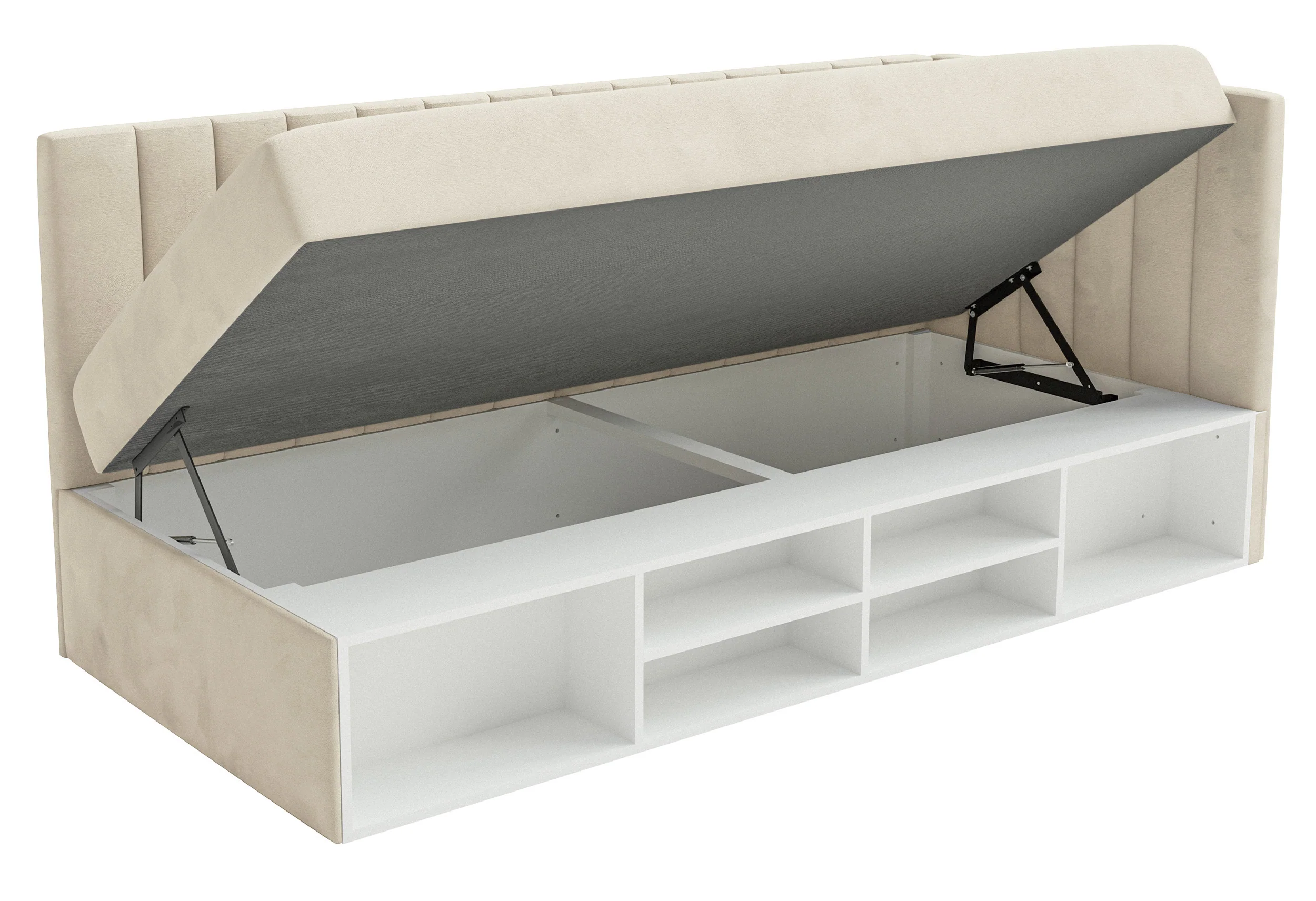 Łóżko młodzieżowe 90x200 cm Ventrio prawostronne z pojemnikiem i półkami jasnobeżowe welur hydrofobowy łatwoczyszczący - Image 7