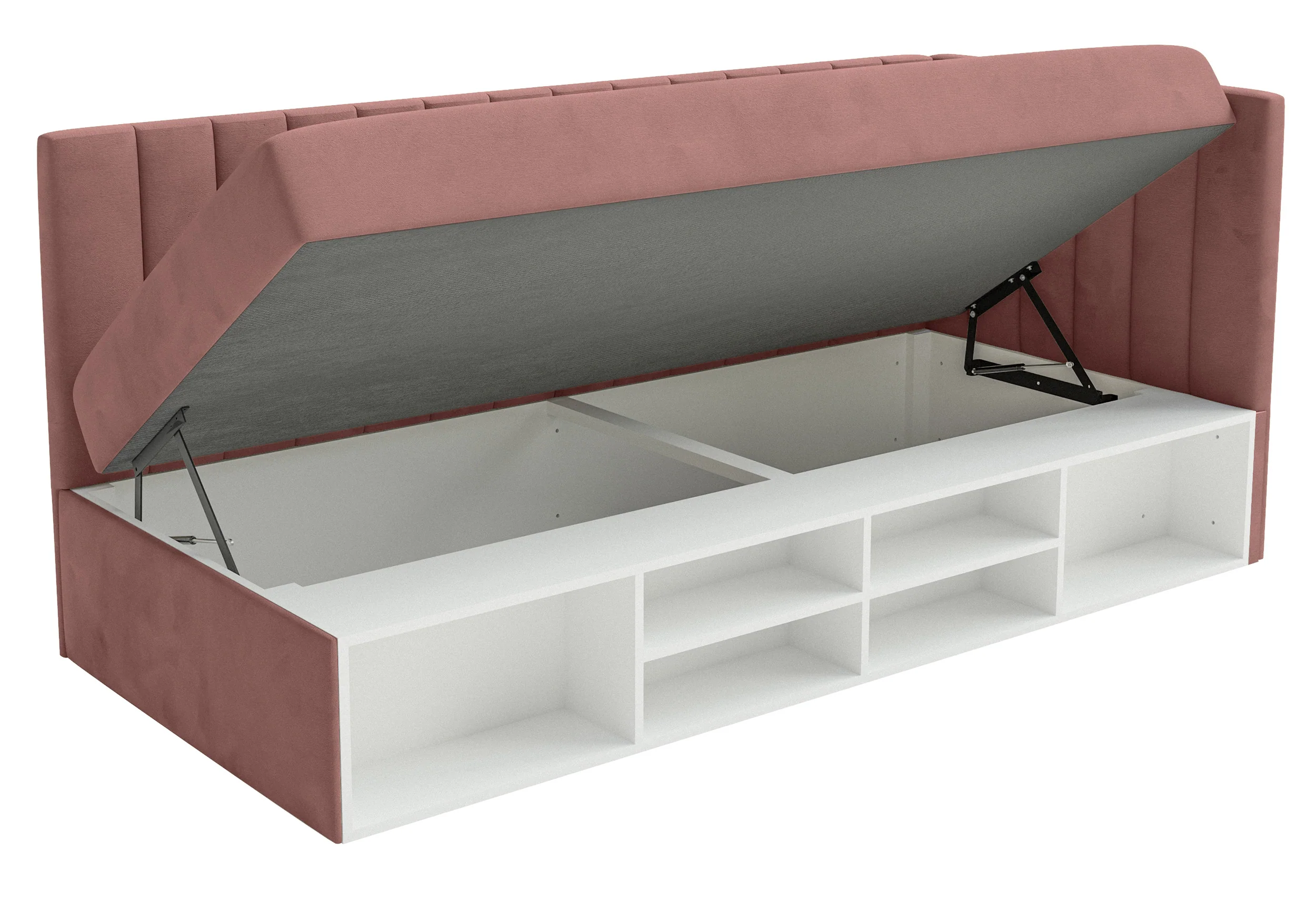 Łóżko młodzieżowe 90x200 cm Ventrio prawostronne z pojemnikiem i półkami różowe welur hydrofobowy łatwoczyszczący - Image 7