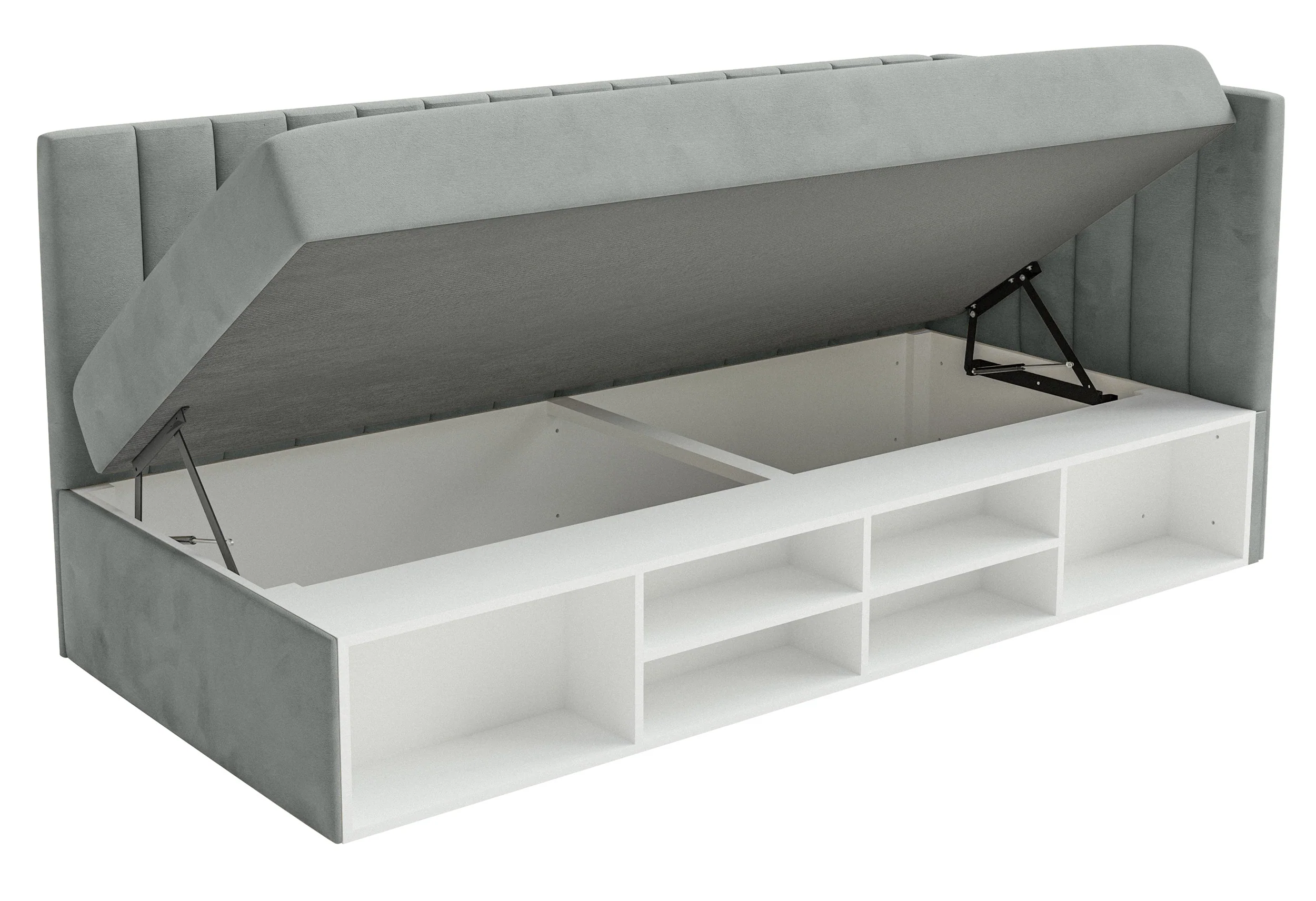Łóżko młodzieżowe 90x200 cm Ventrio prawostronne z pojemnikiem i półkami szare welur hydrofobowy łatwoczyszczący - Image 7