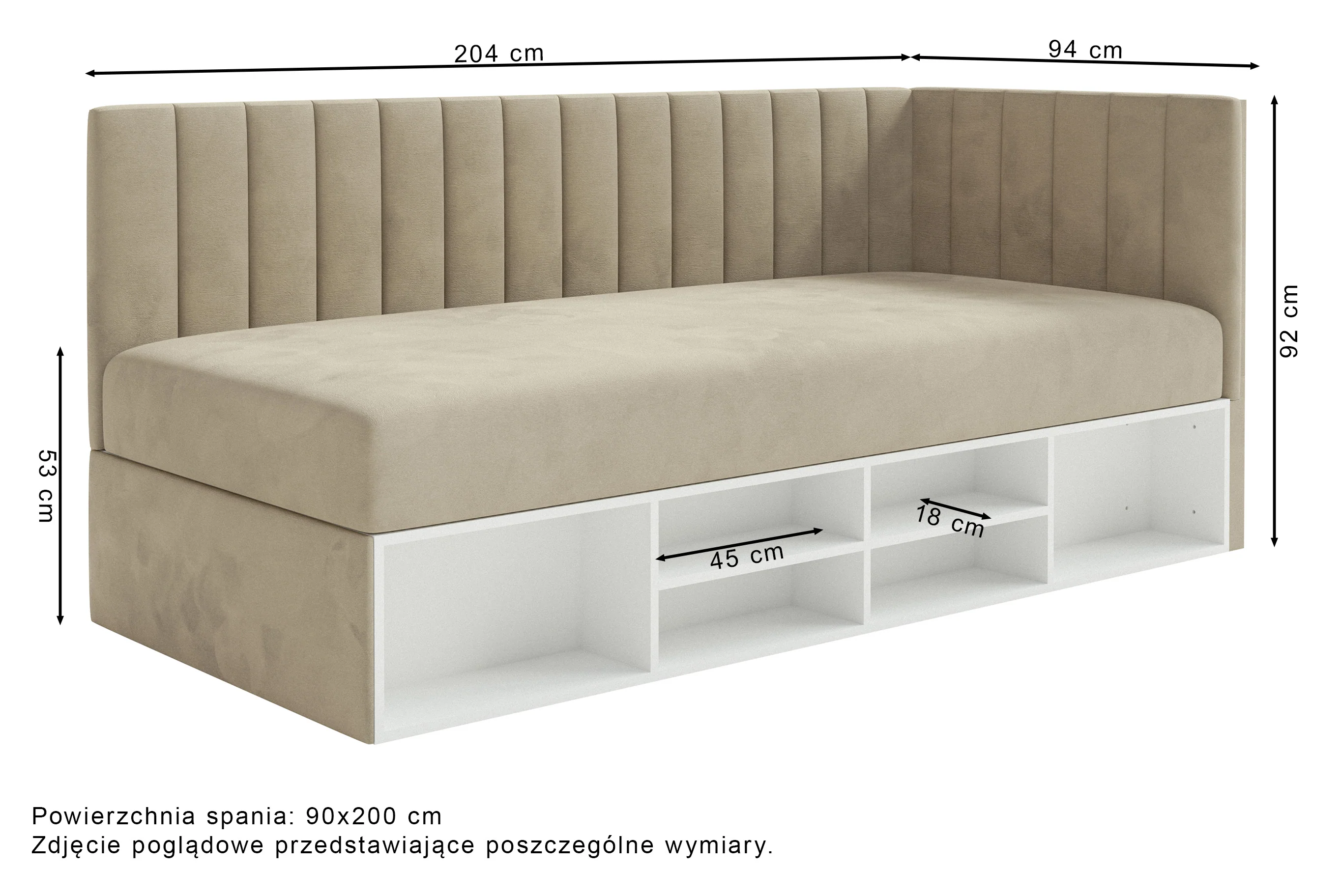 Łóżko młodzieżowe 90x200 cm Ventrio prawostronne z pojemnikiem i półkami szare welur hydrofobowy łatwoczyszczący - Image 8