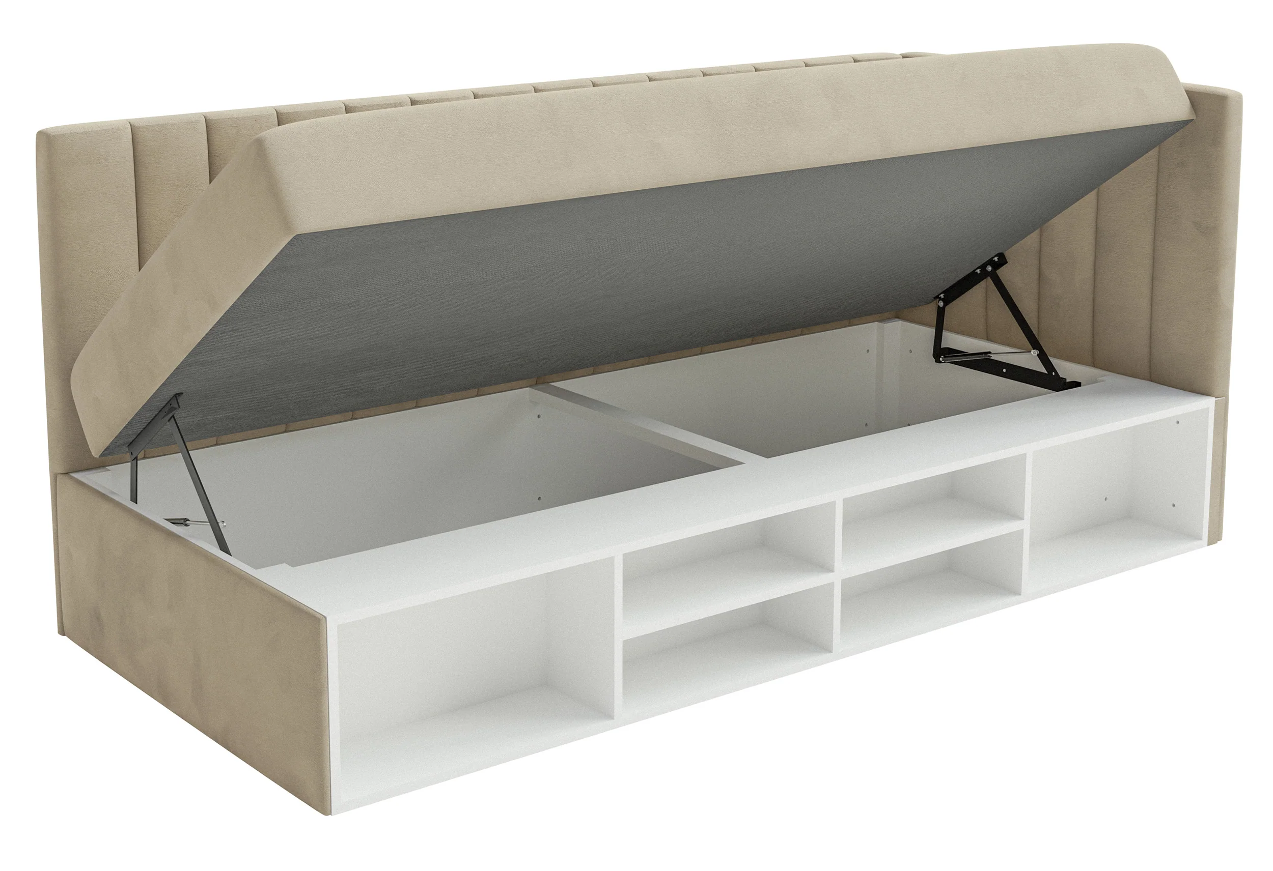 Łóżko młodzieżowe 90x200 cm Ventrio prawostronne z pojemnikiem i półkami szarobeżowe welur hydrofobowy łatwoczyszczący - Image 7