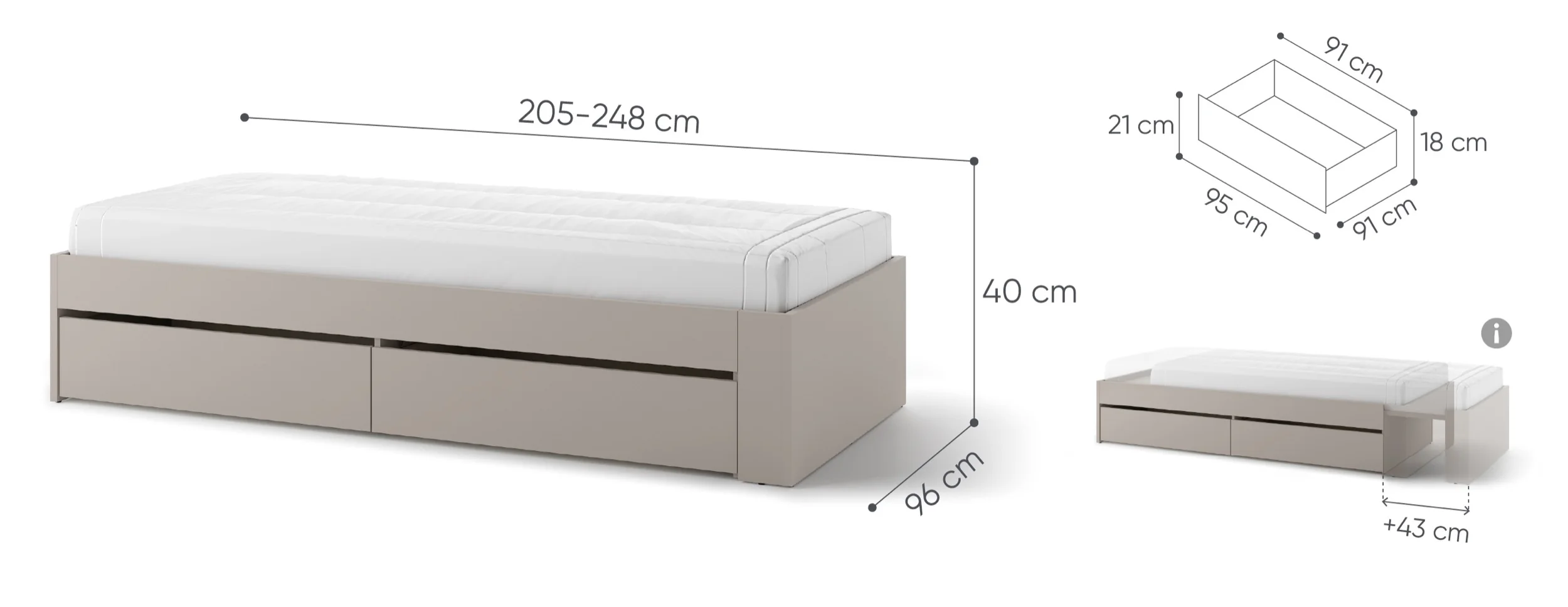 Łóżko młodzieżowe rozsuwane Woow z dwiema szufladami 205-248 cm clay grey - Image 9