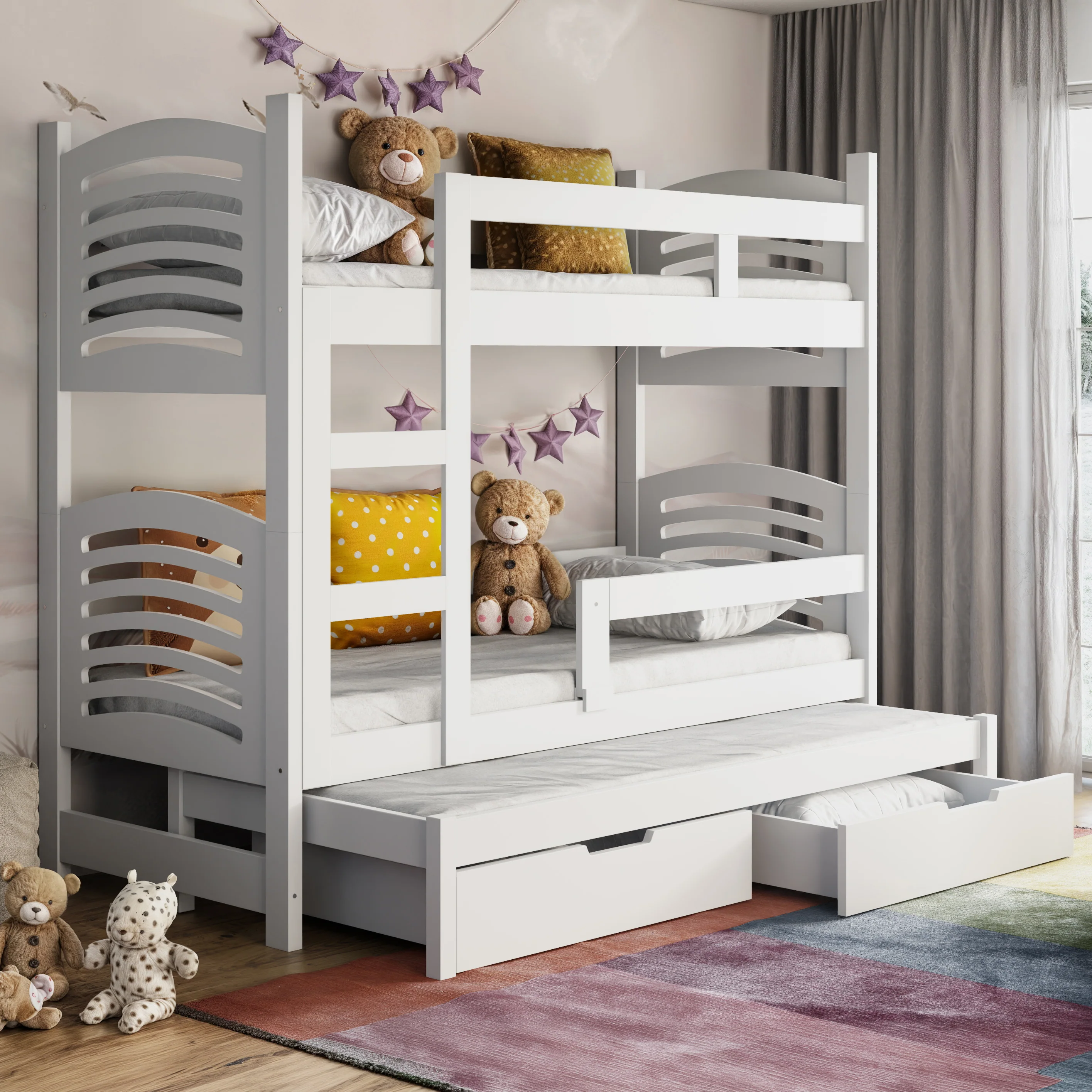 Łóżko piętrowe 75x180 cm Cami trzyosobowe z materacami i szufladami biały - Image 2
