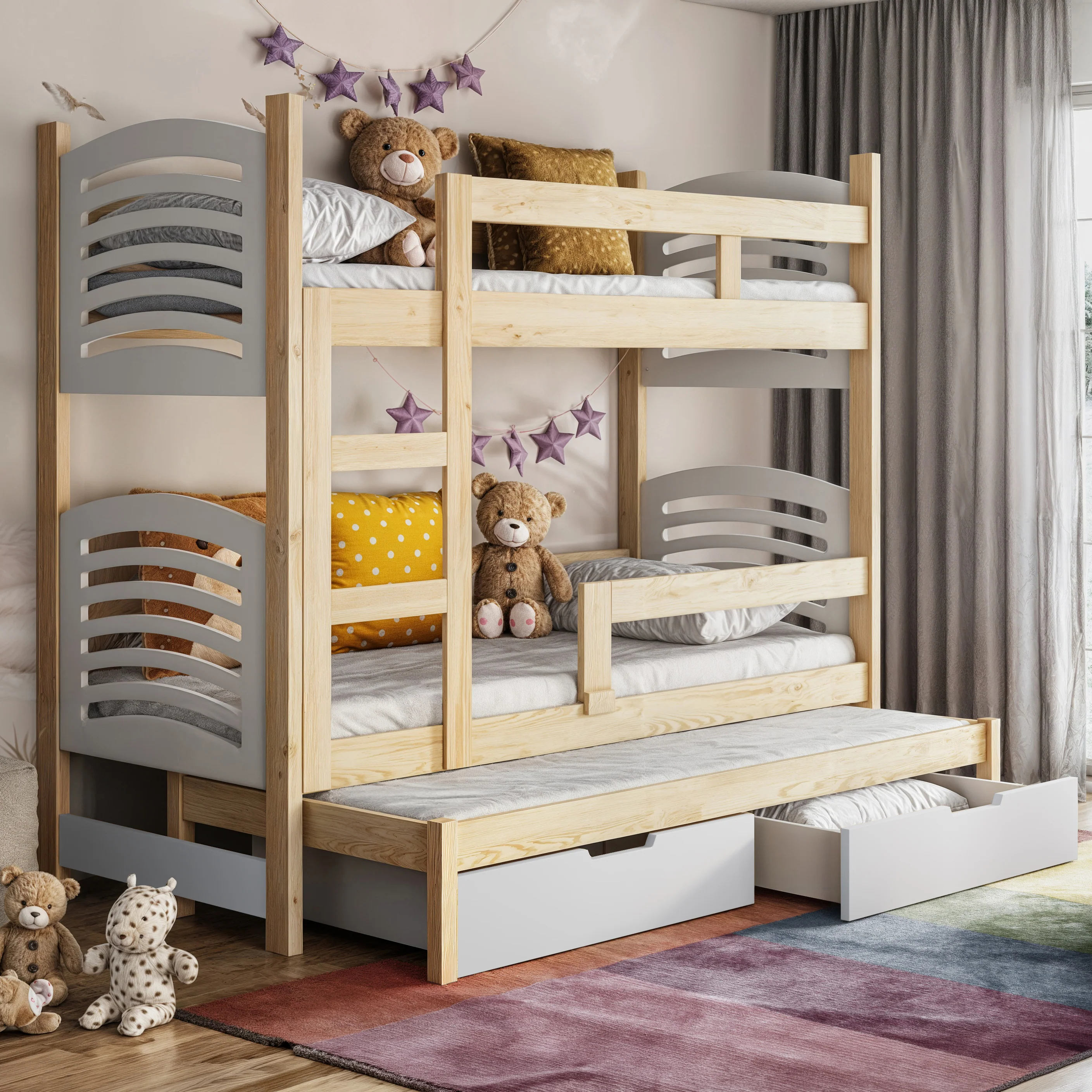 Łóżko piętrowe 75x180 cm Cami trzyosobowe z materacami i szufladami sosna/biały - Image 2