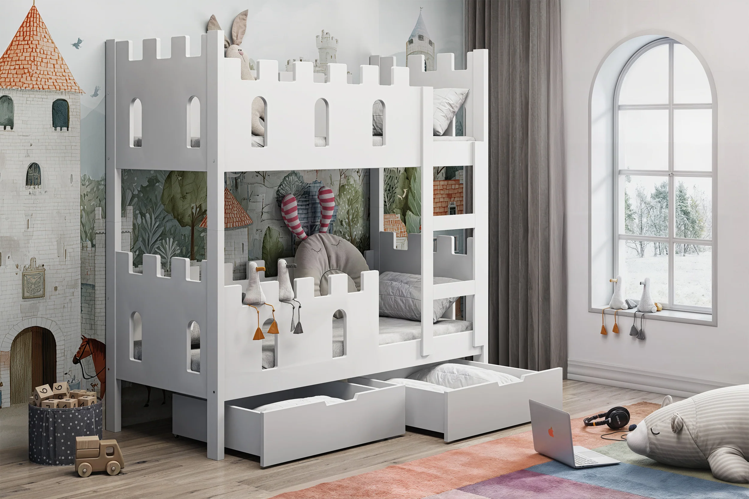 Łóżko piętrowe 75x180 cm Castelo z materacami i szufladami biały - Image 3