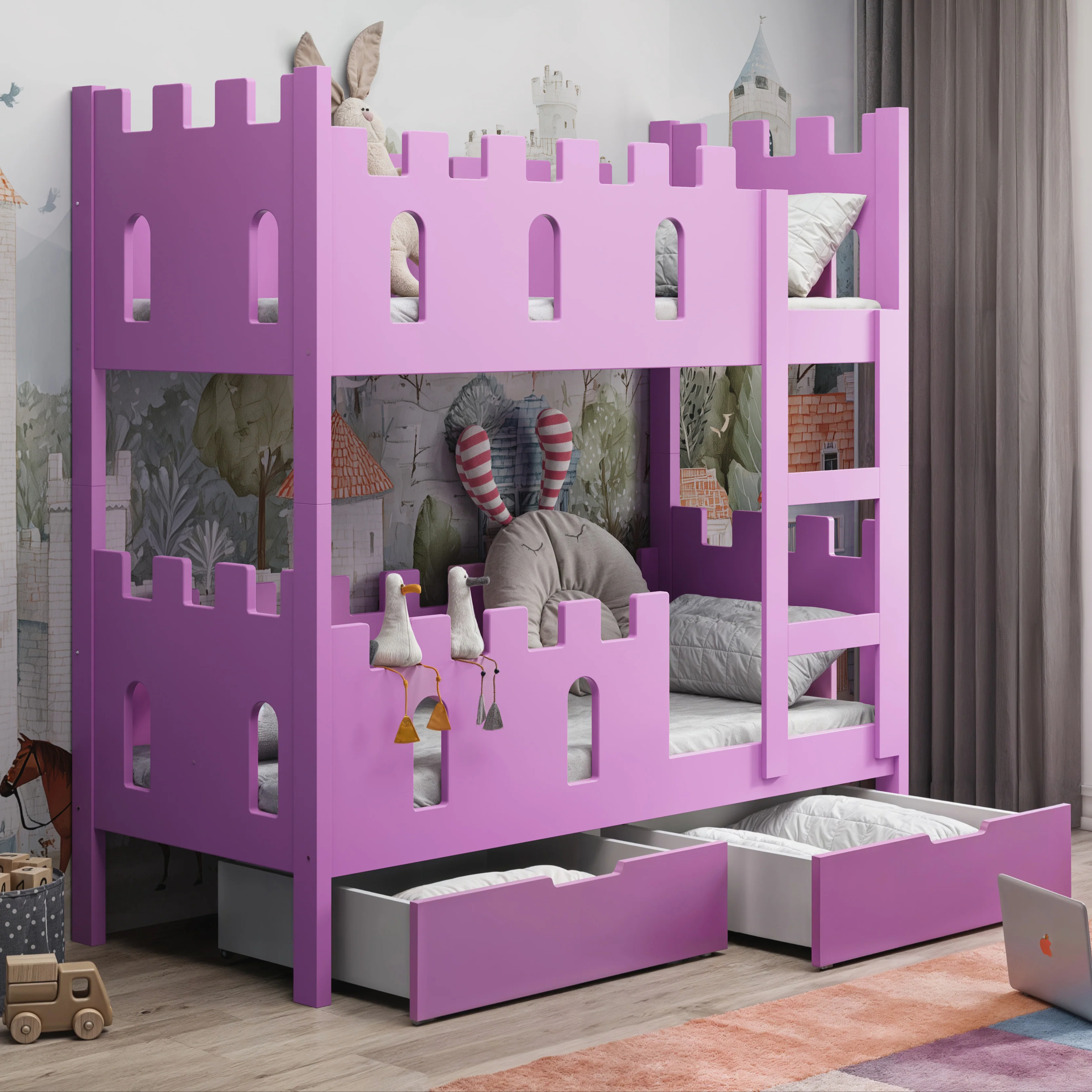 Łóżko piętrowe 75x180 cm Castelo z materacami i szufladami różowy - Image 2