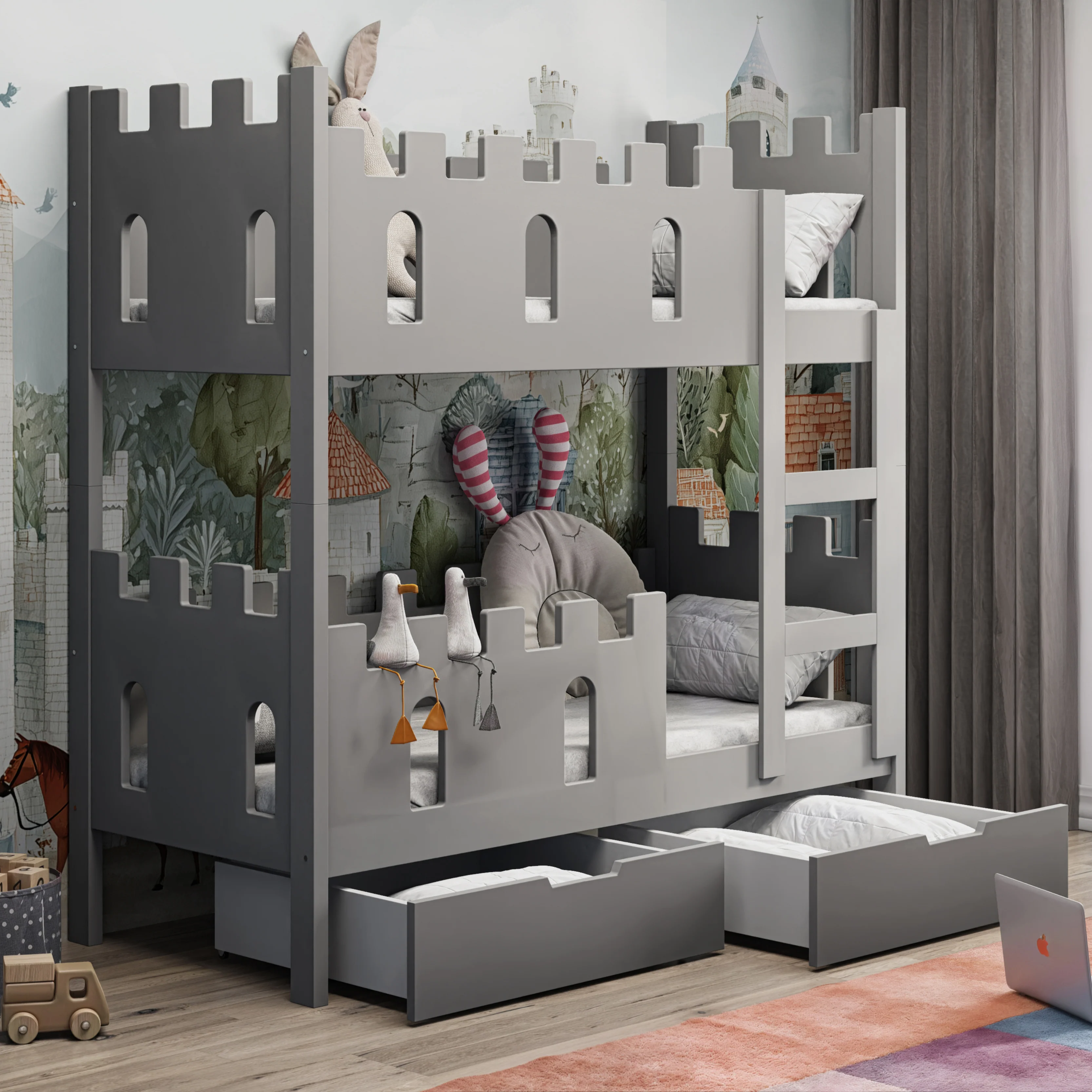 Łóżko piętrowe 75x180 cm Castelo z materacami i szufladami szary - Image 2