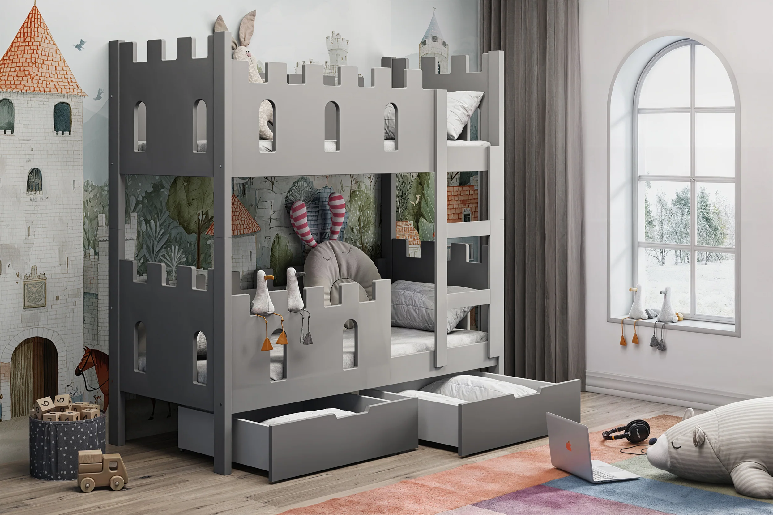 Łóżko piętrowe 75x180 cm Castelo z materacami i szufladami szary - Image 3
