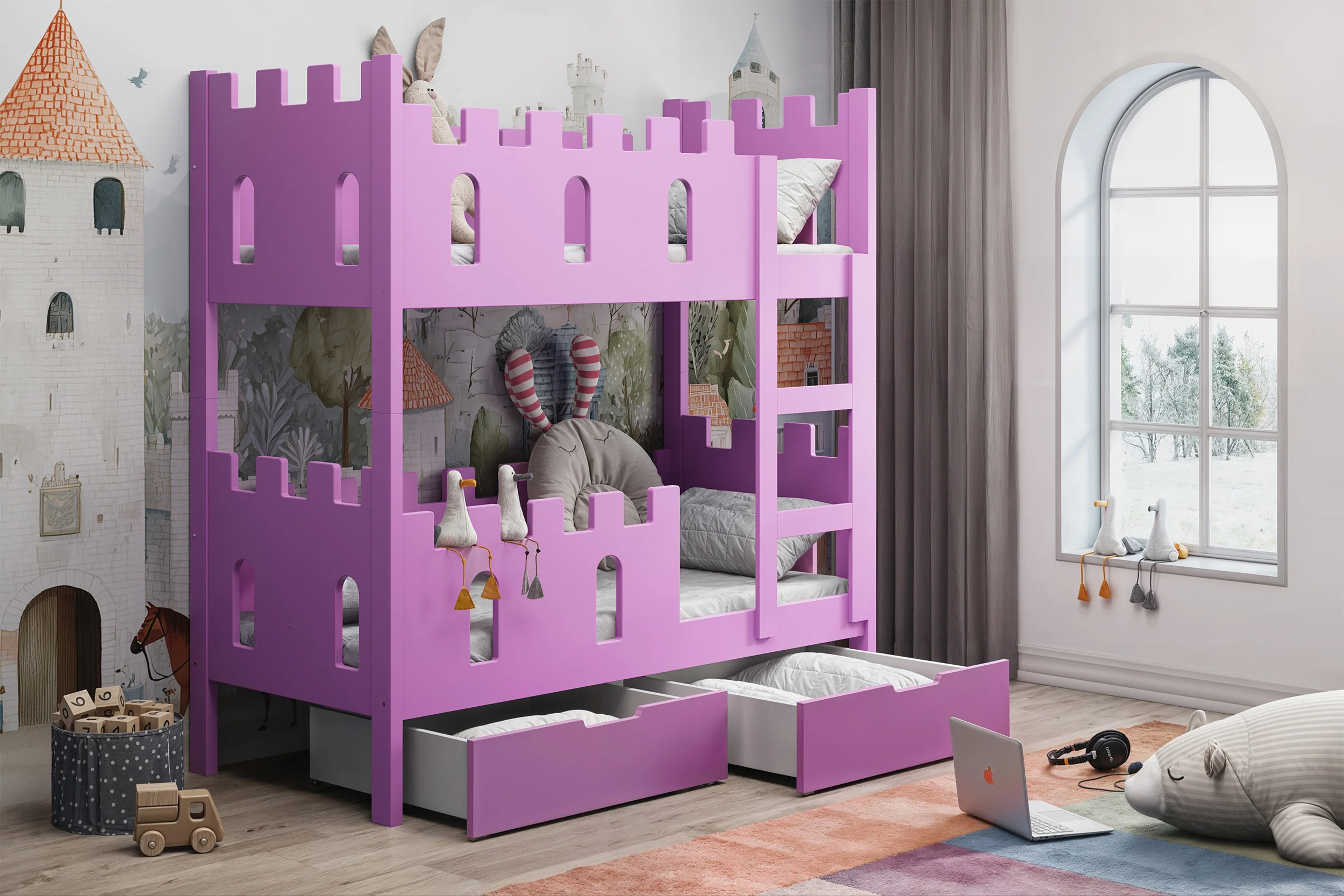 Łóżko piętrowe 75x180 cm Castelo z szufladami różowy - Image 3