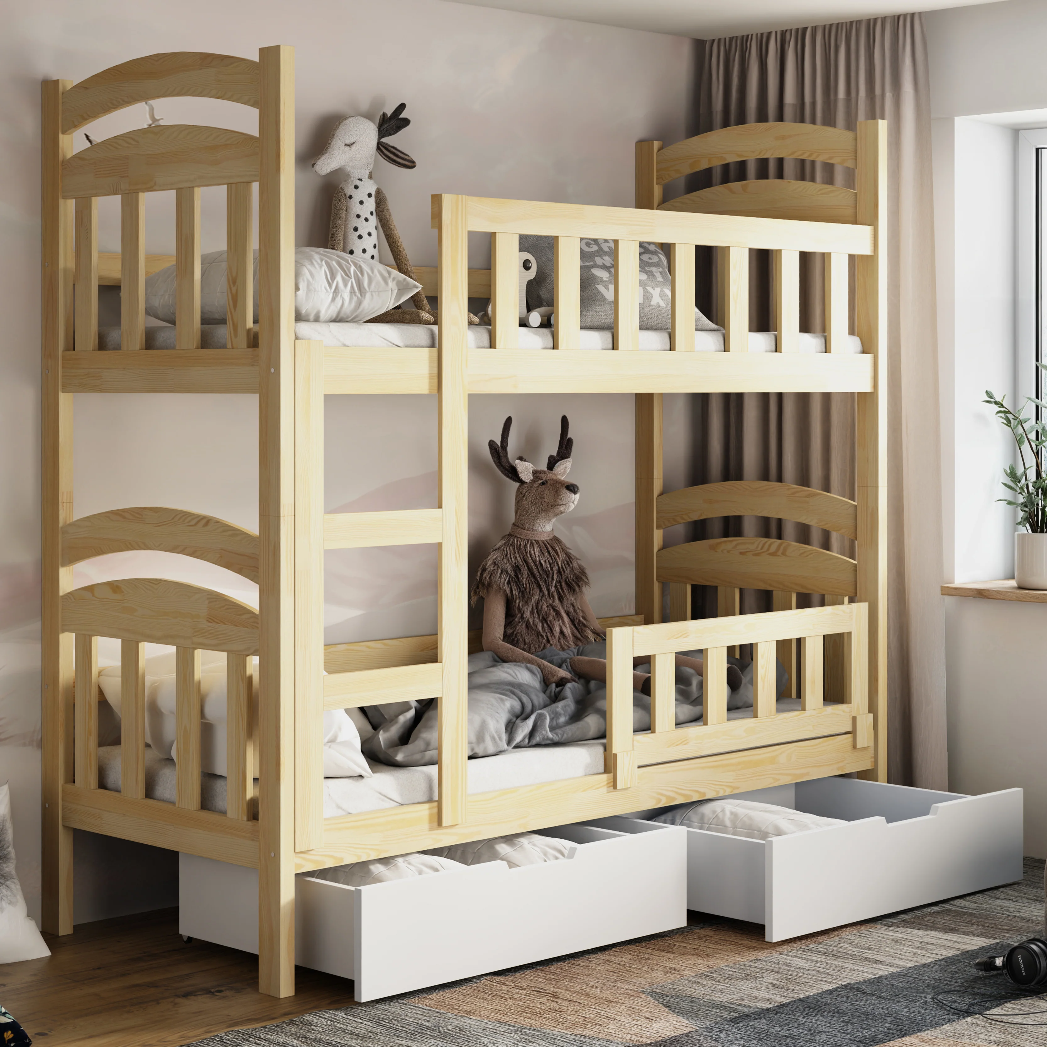 Łóżko piętrowe 90x200 cm Dopio z materacami i szufladami sosna - Image 2