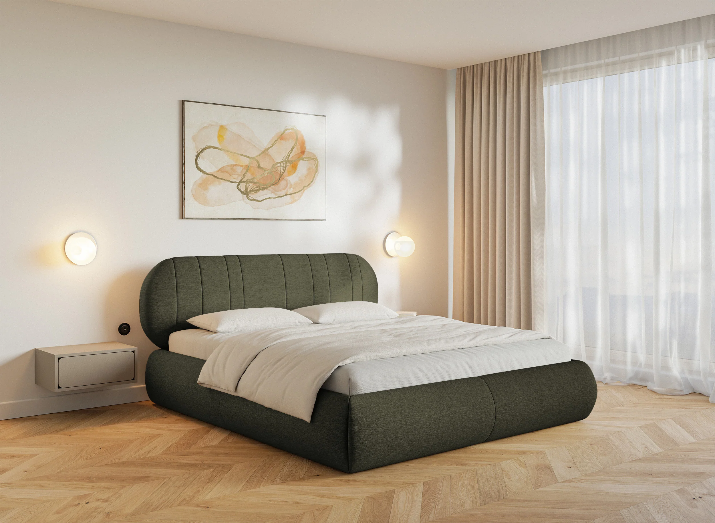 Łóżko tapicerowane 140x200 cm Asmelio z pojemnikiem stelaż metalowy khaki plecionka - Image 2