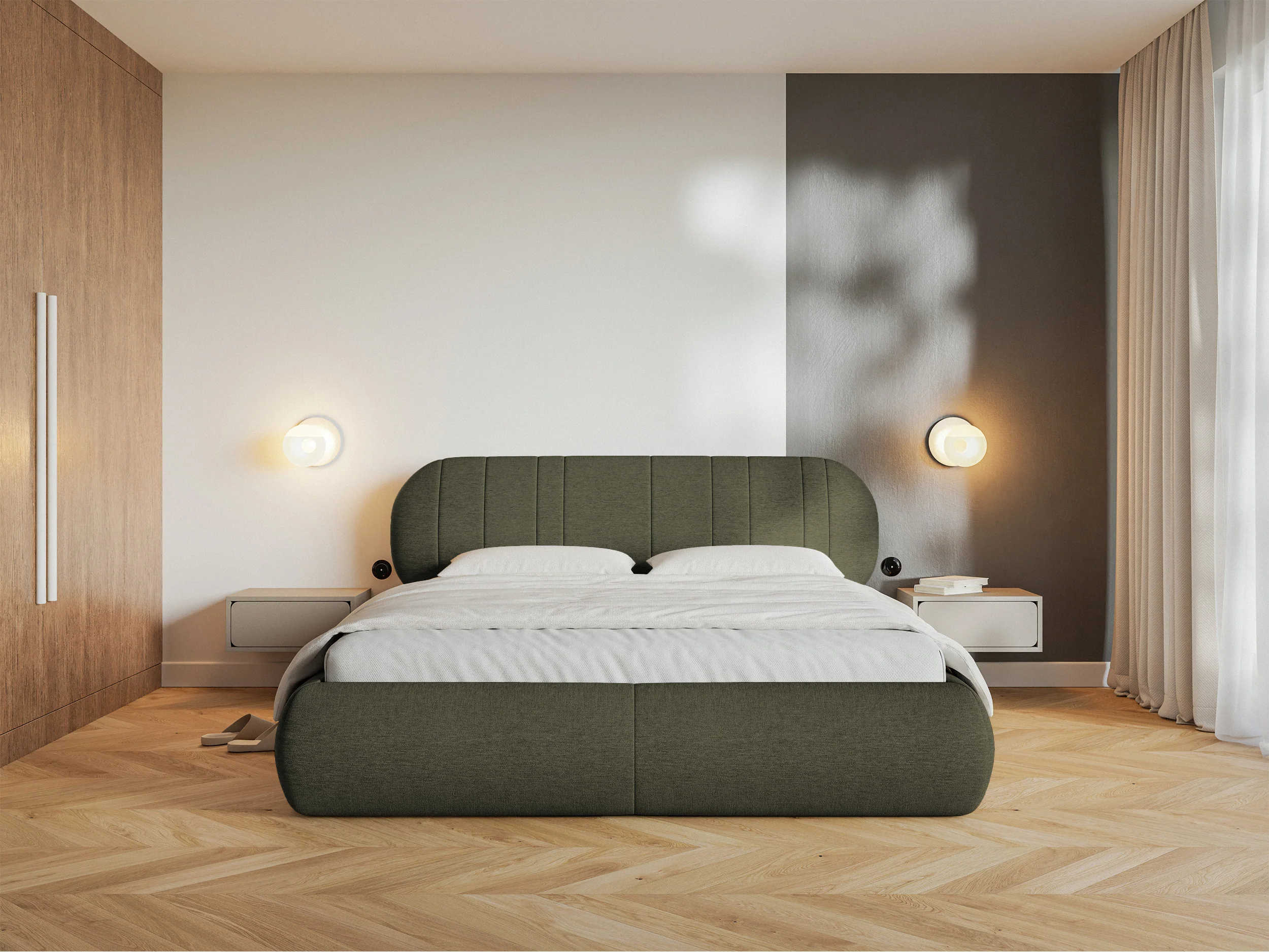 Łóżko tapicerowane 140x200 cm Asmelio z pojemnikiem stelaż metalowy khaki plecionka - Image 3