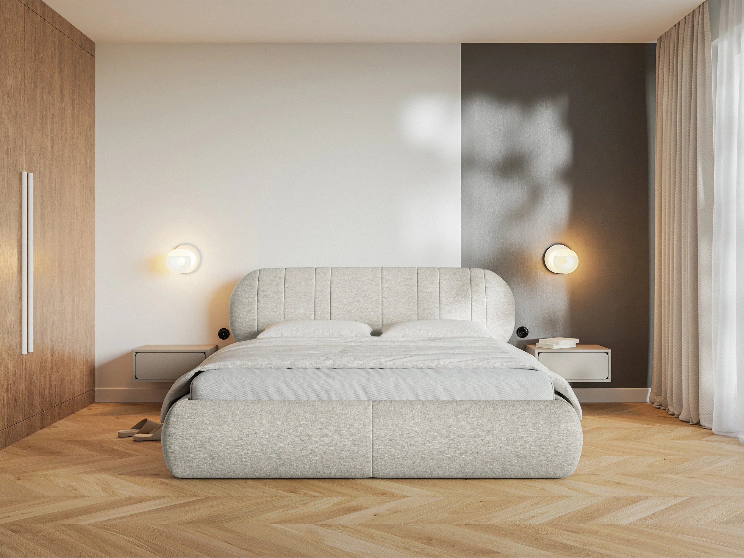 Łóżko tapicerowane 140x200 cm Asmelio z pojemnikiem stelaż metalowy kremowe plecionka - Image 3