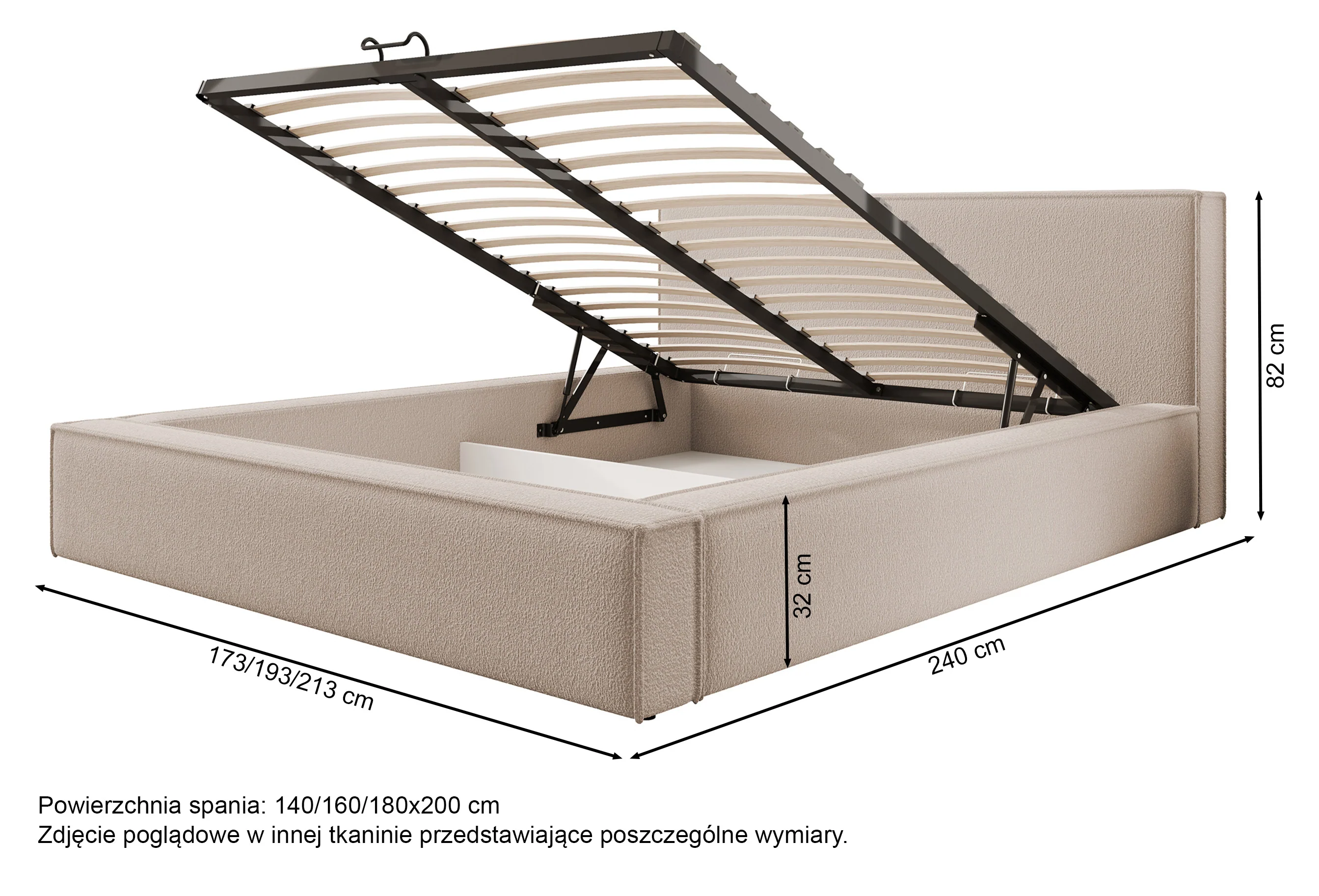 Łóżko tapicerowane 140x200 cm Bocalio z pojemnikiem stelaż metalowy kremowe boucle - Image 5