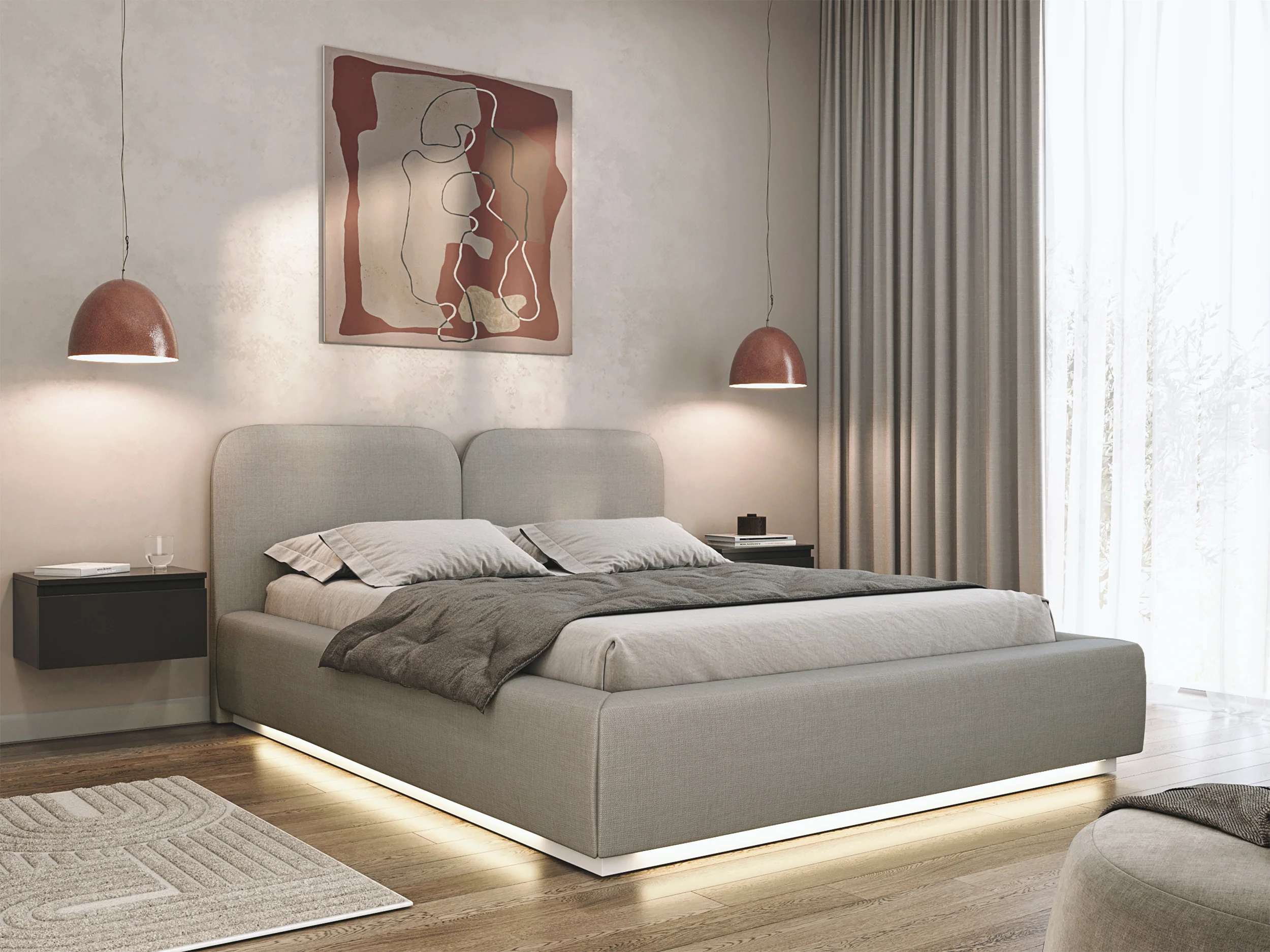 Łóżko tapicerowane 140x200 cm Comoves z oświetleniem LED ciemnobeżowe szenil - Image 2