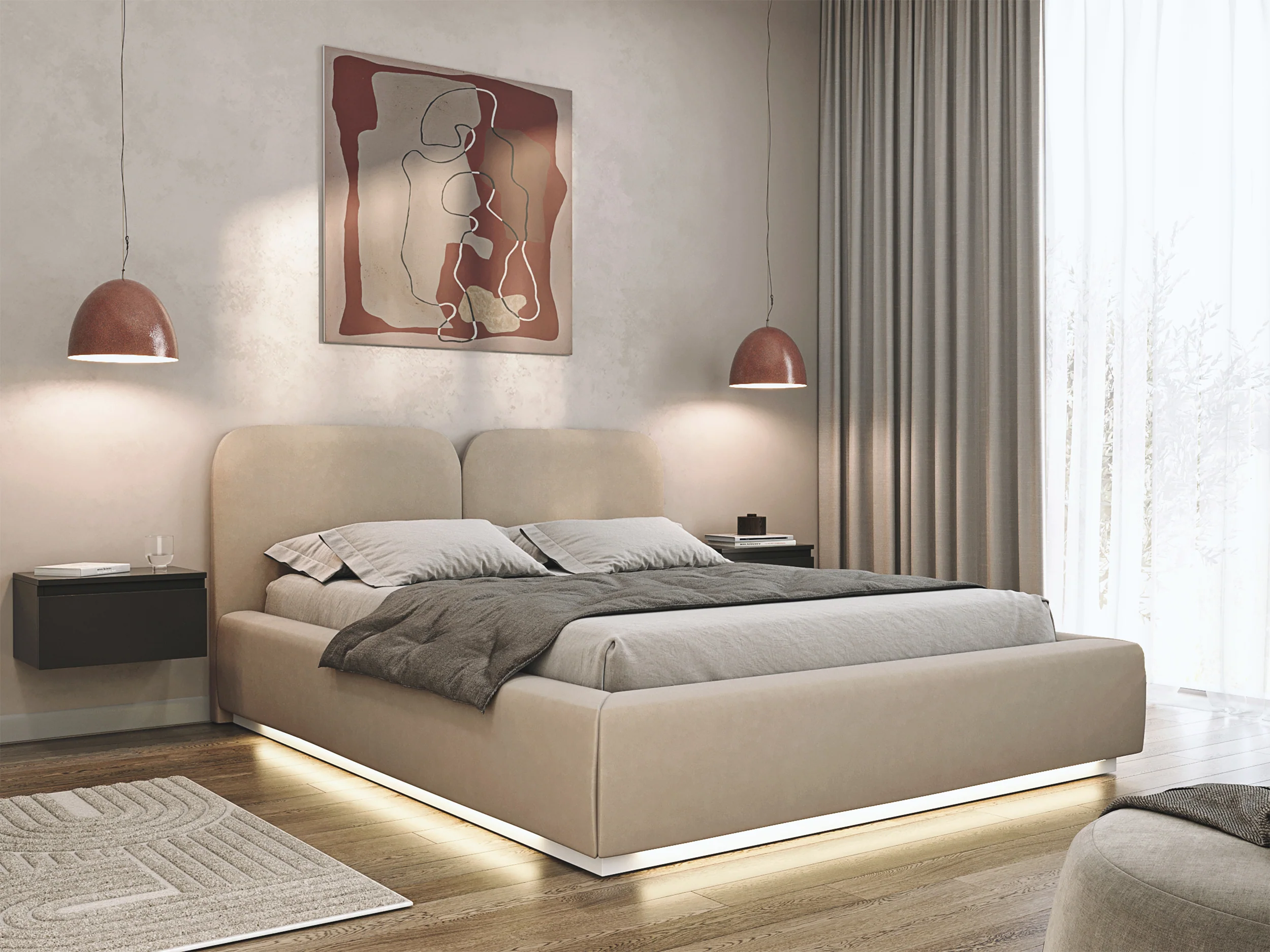 Łóżko tapicerowane 140x200 cm Comoves z oświetleniem LED jasnobeżowe welur - Image 2