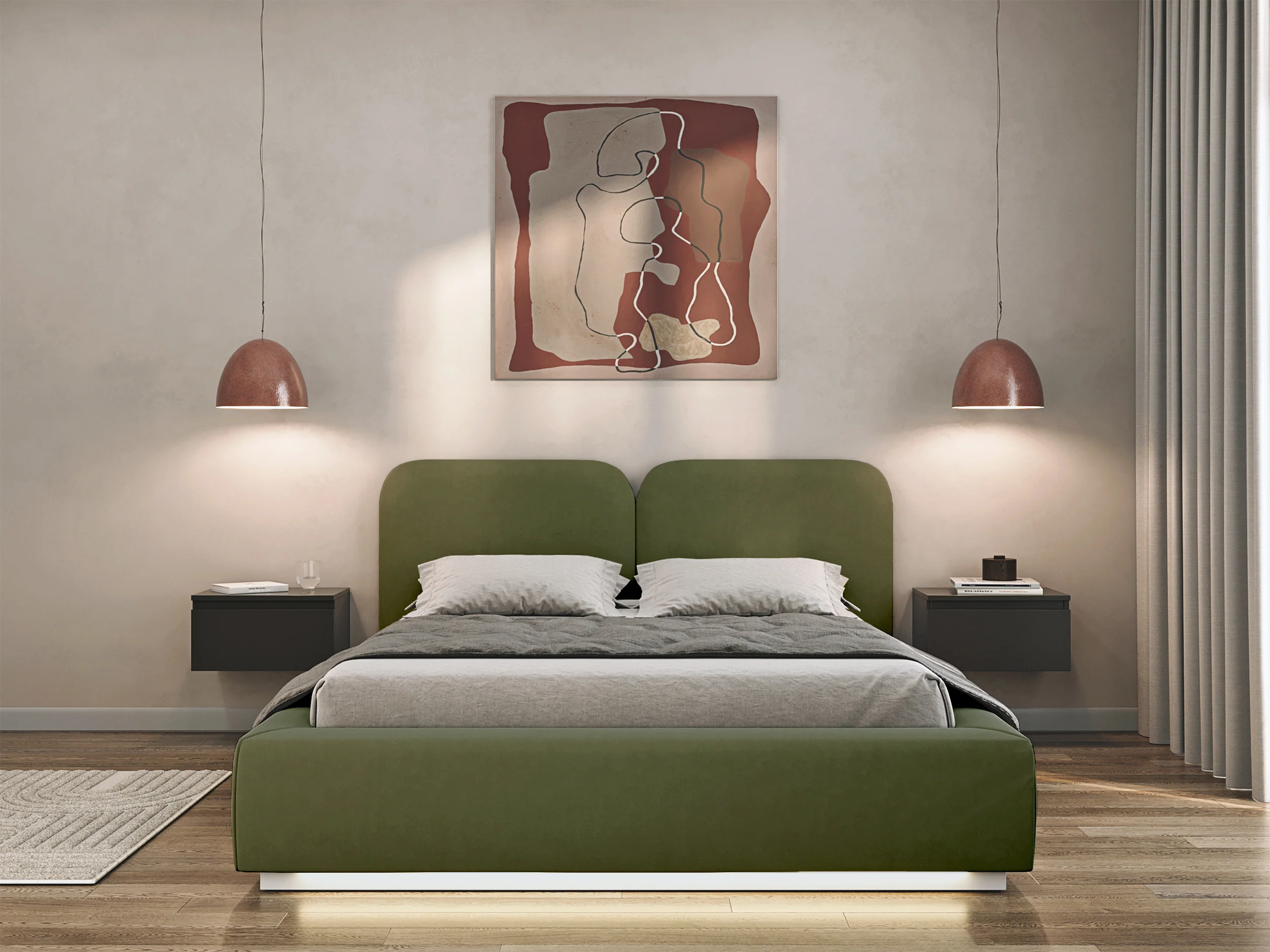 Łóżko tapicerowane 140x200 cm Comoves z oświetleniem LED oliwkowe welur - Image 3