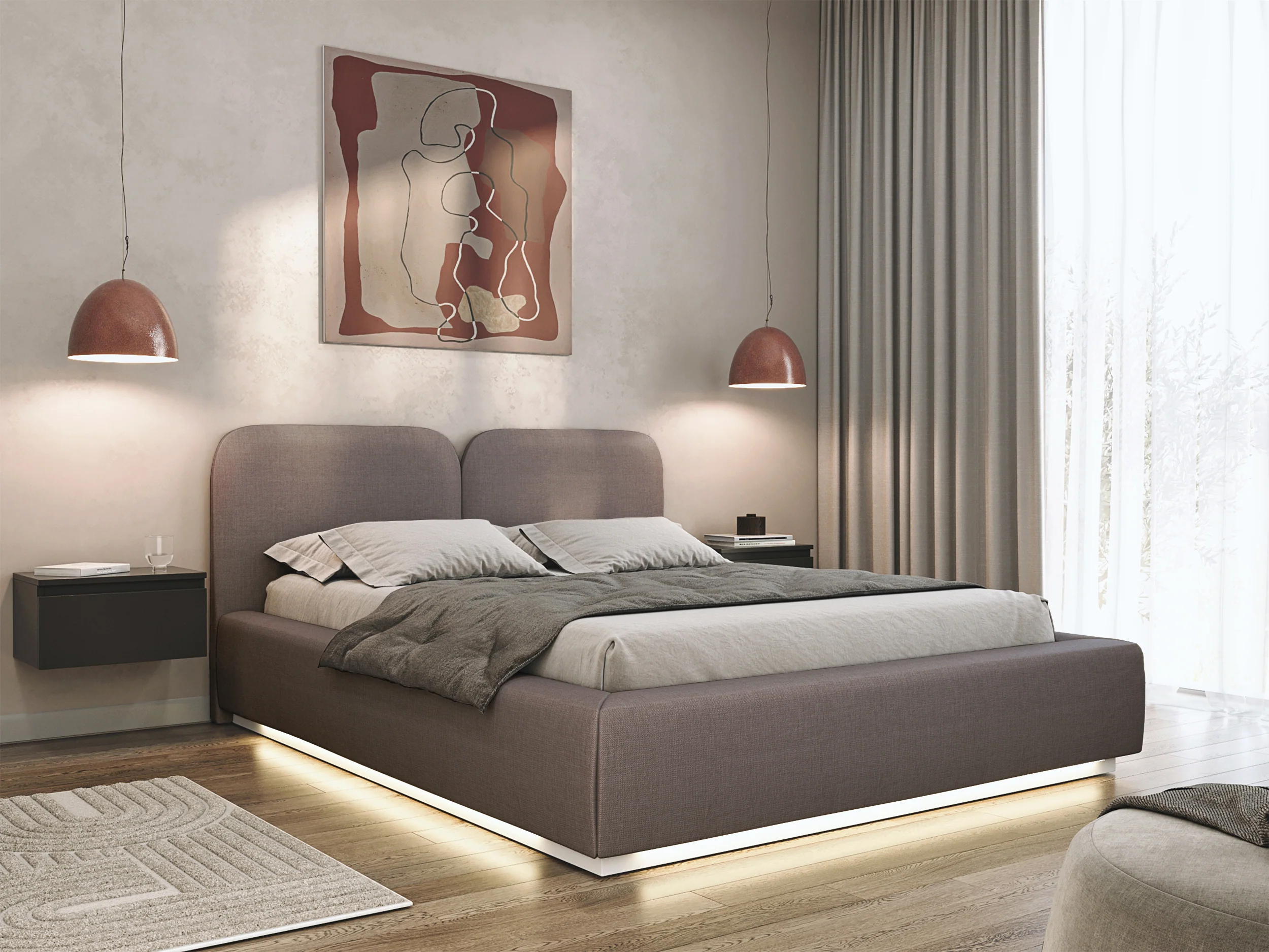 Łóżko tapicerowane 140x200 cm Comoves z pojemnikiem i oświetleniem LED stelaż metalowy brązowe szenil - Image 2