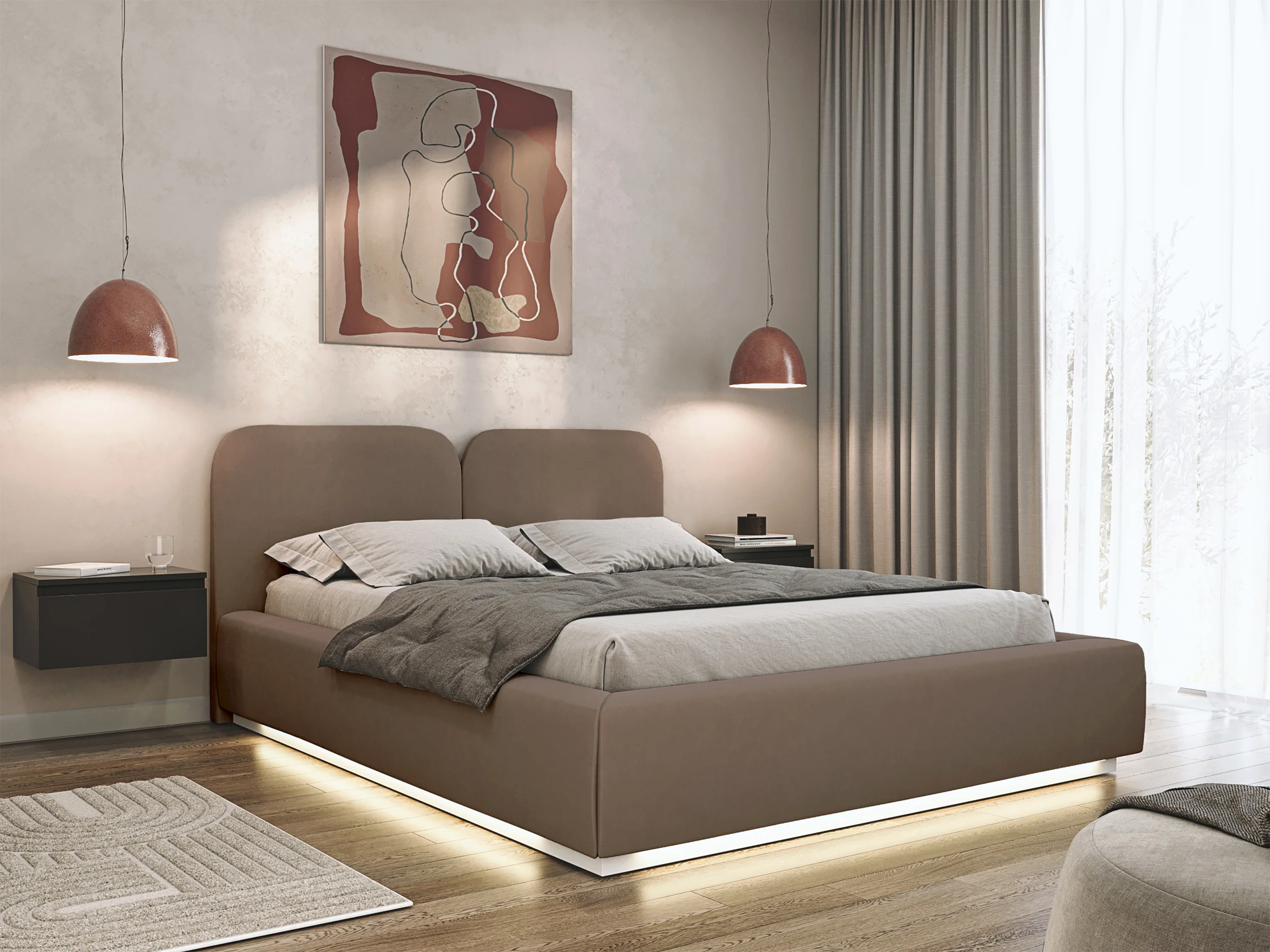 Łóżko tapicerowane 140x200 cm Comoves z pojemnikiem i oświetleniem LED stelaż metalowy brązowe welur - Image 2