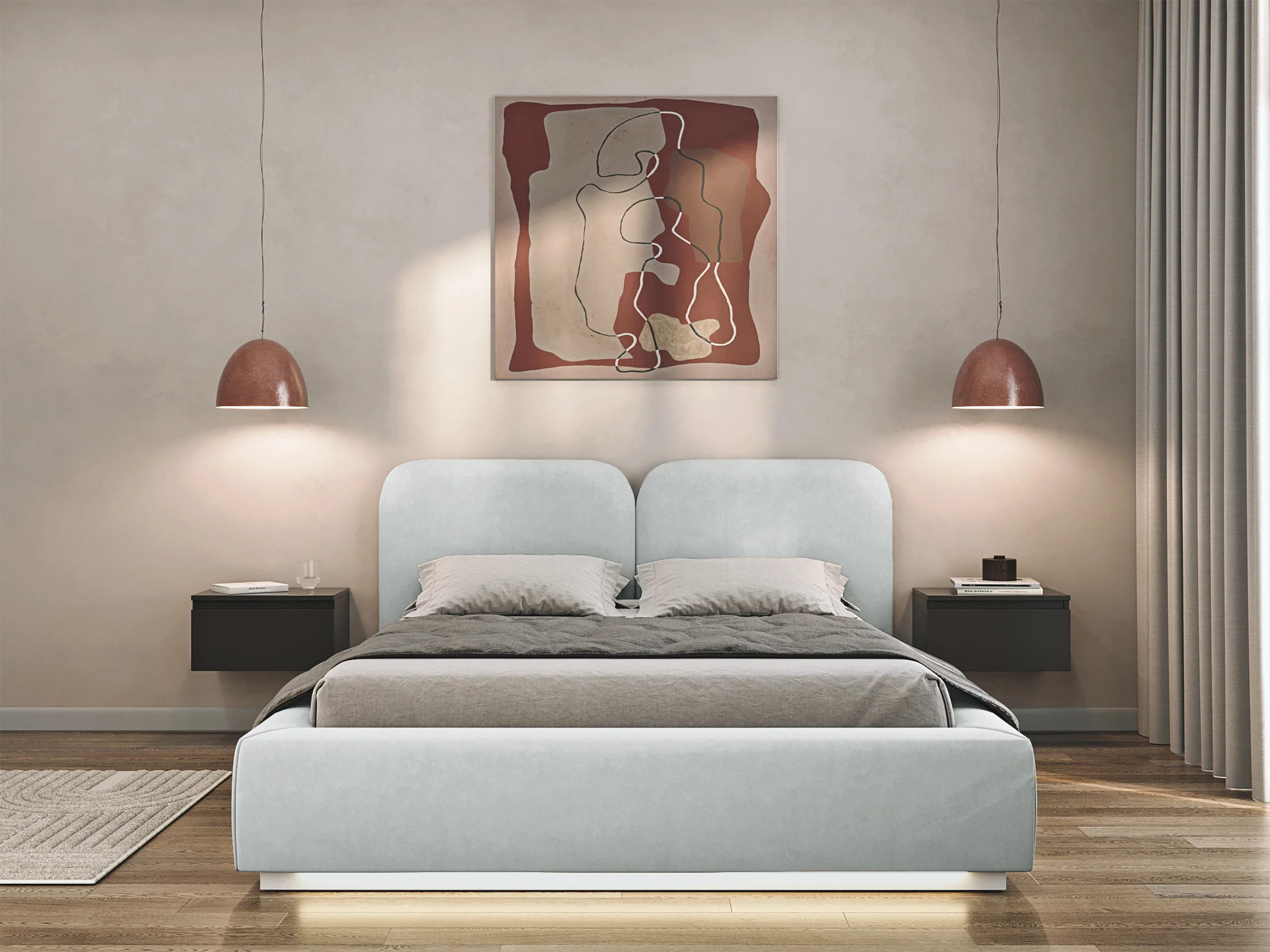 Łóżko tapicerowane 140x200 cm Comoves z pojemnikiem i oświetleniem LED stelaż metalowy jasnoszare welur - Image 3