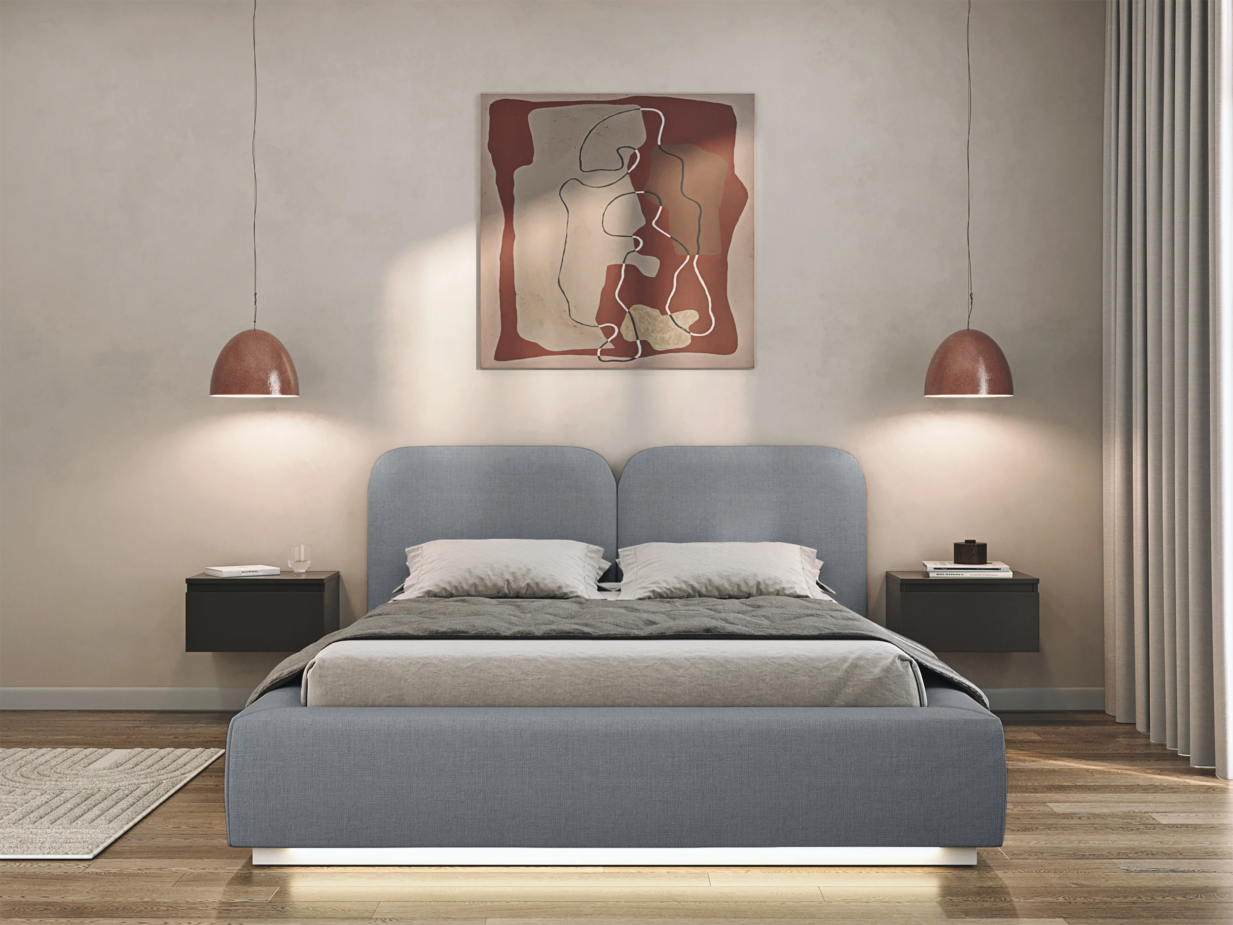 Łóżko tapicerowane 140x200 cm Comoves z pojemnikiem i oświetleniem LED stelaż metalowy szare szenil - Image 3