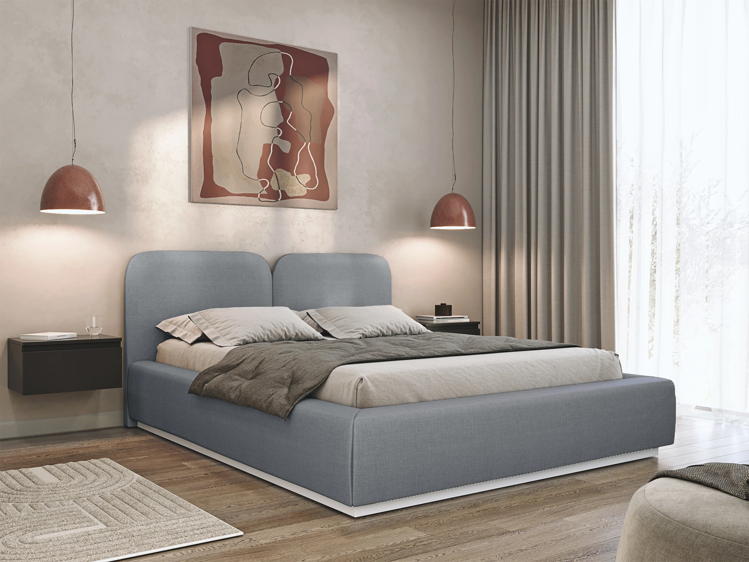 Łóżko tapicerowane 140x200 cm Comoves z pojemnikiem stelaż metalowy szare szenil - Image 2