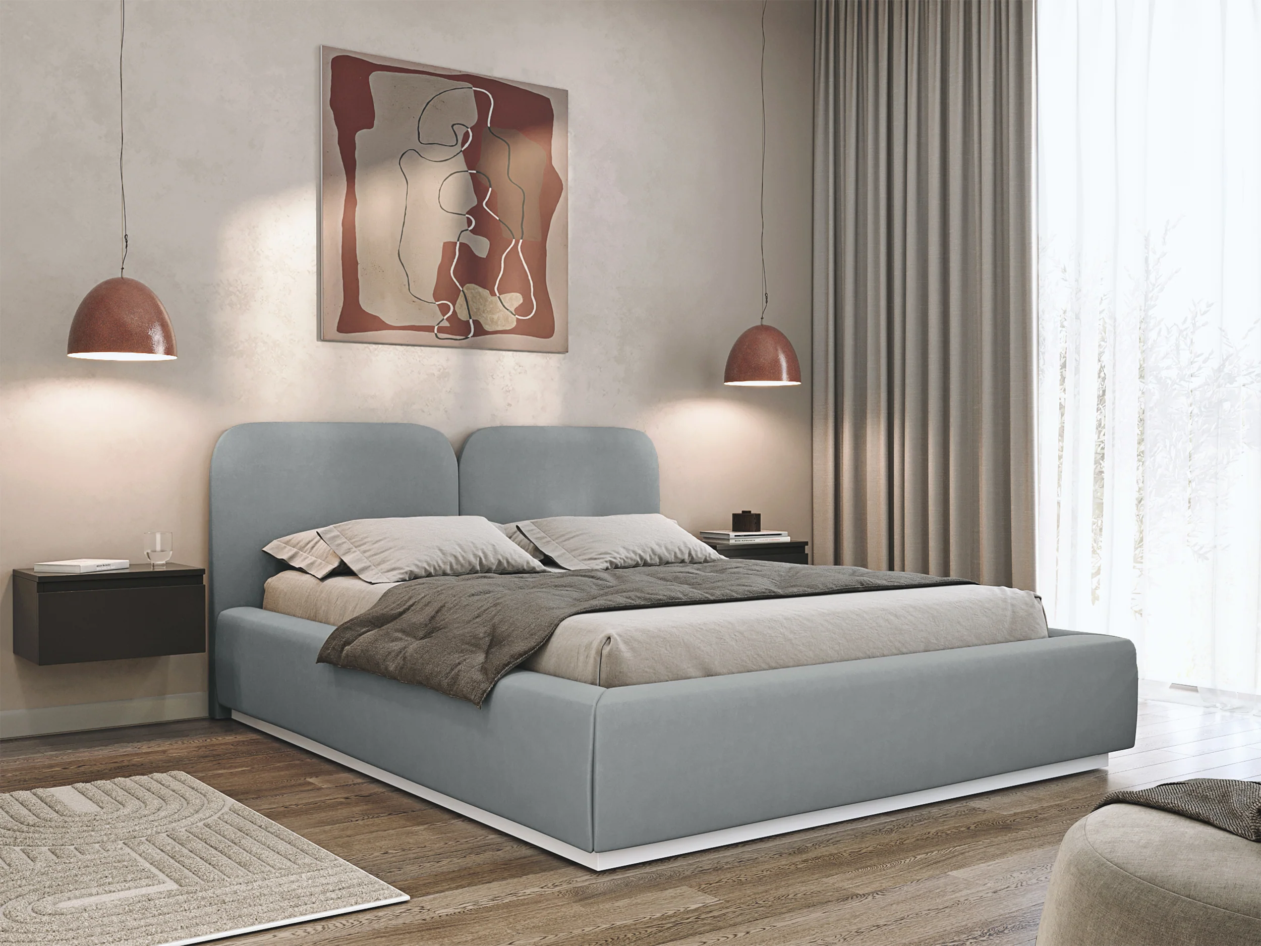 Łóżko tapicerowane 140x200 cm Comoves z pojemnikiem stelaż metalowy szare welur - Image 2