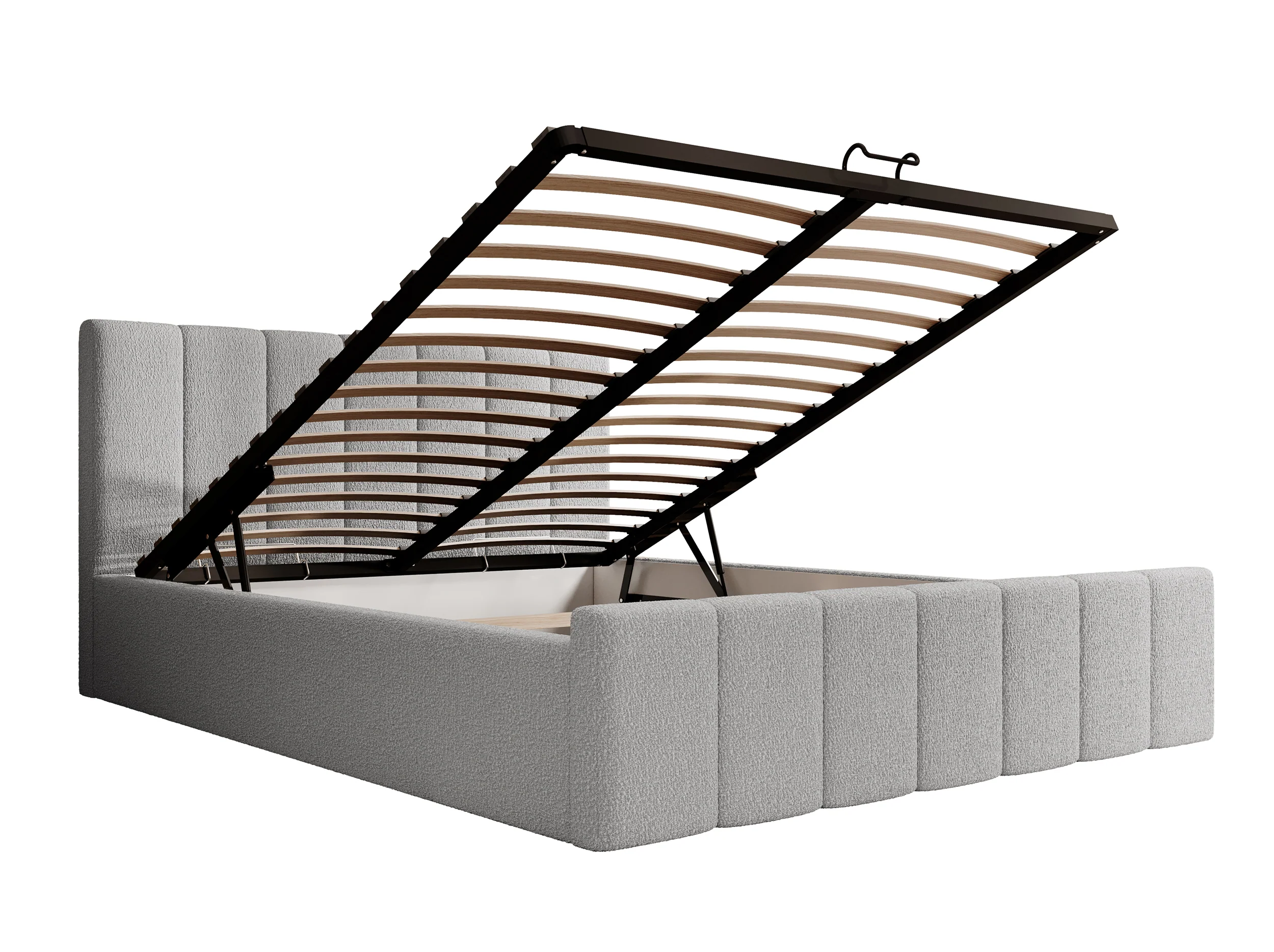 Łóżko tapicerowane 140x200 cm Neroma szare z pojemnikiem stelaż metalowy boucle nogi czarne - Image 4