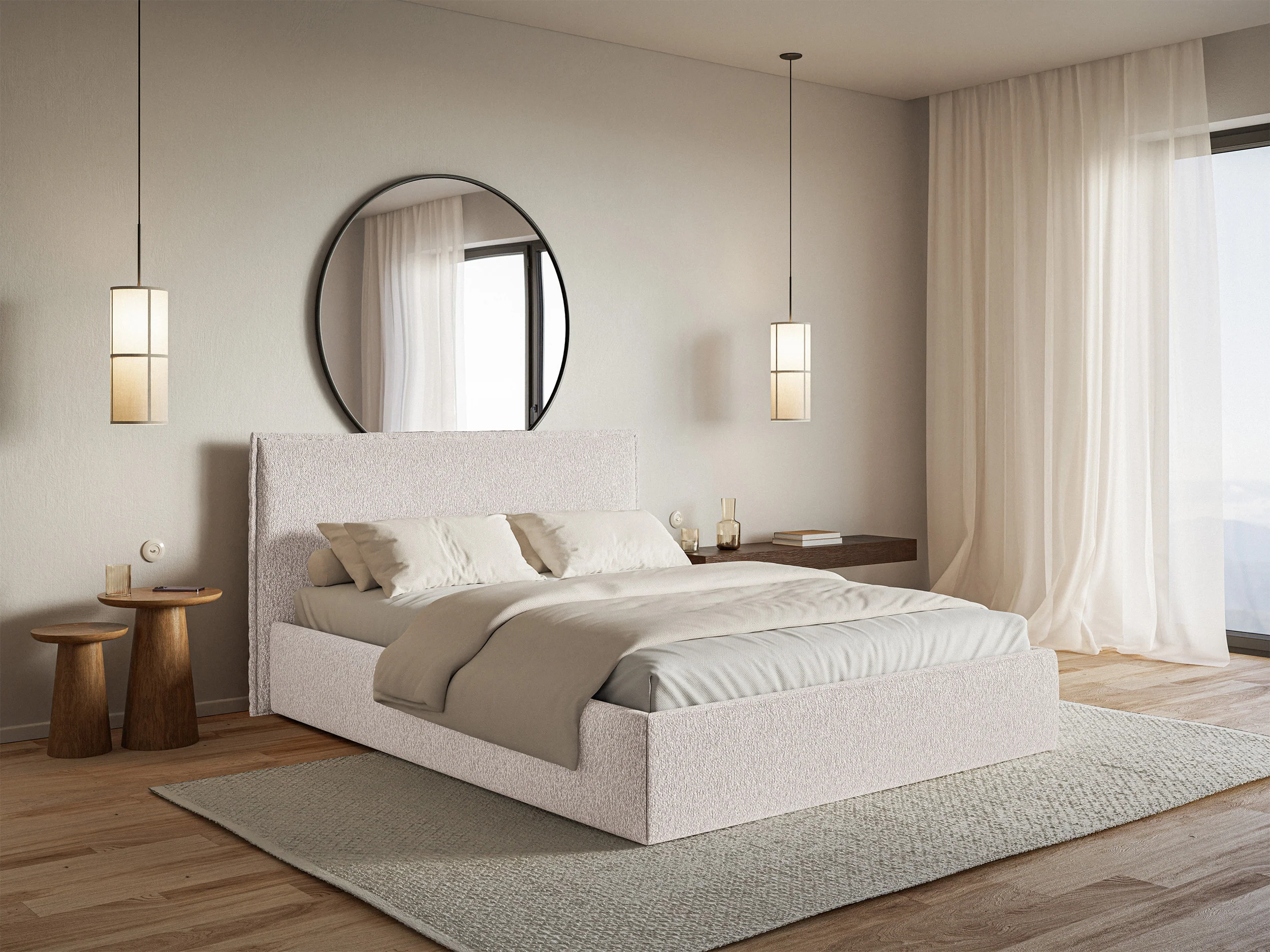 Łóżko tapicerowane 140x200 cm Softie Slim z pojemnikiem beżowe szenil stelaż metalowy - Image 2