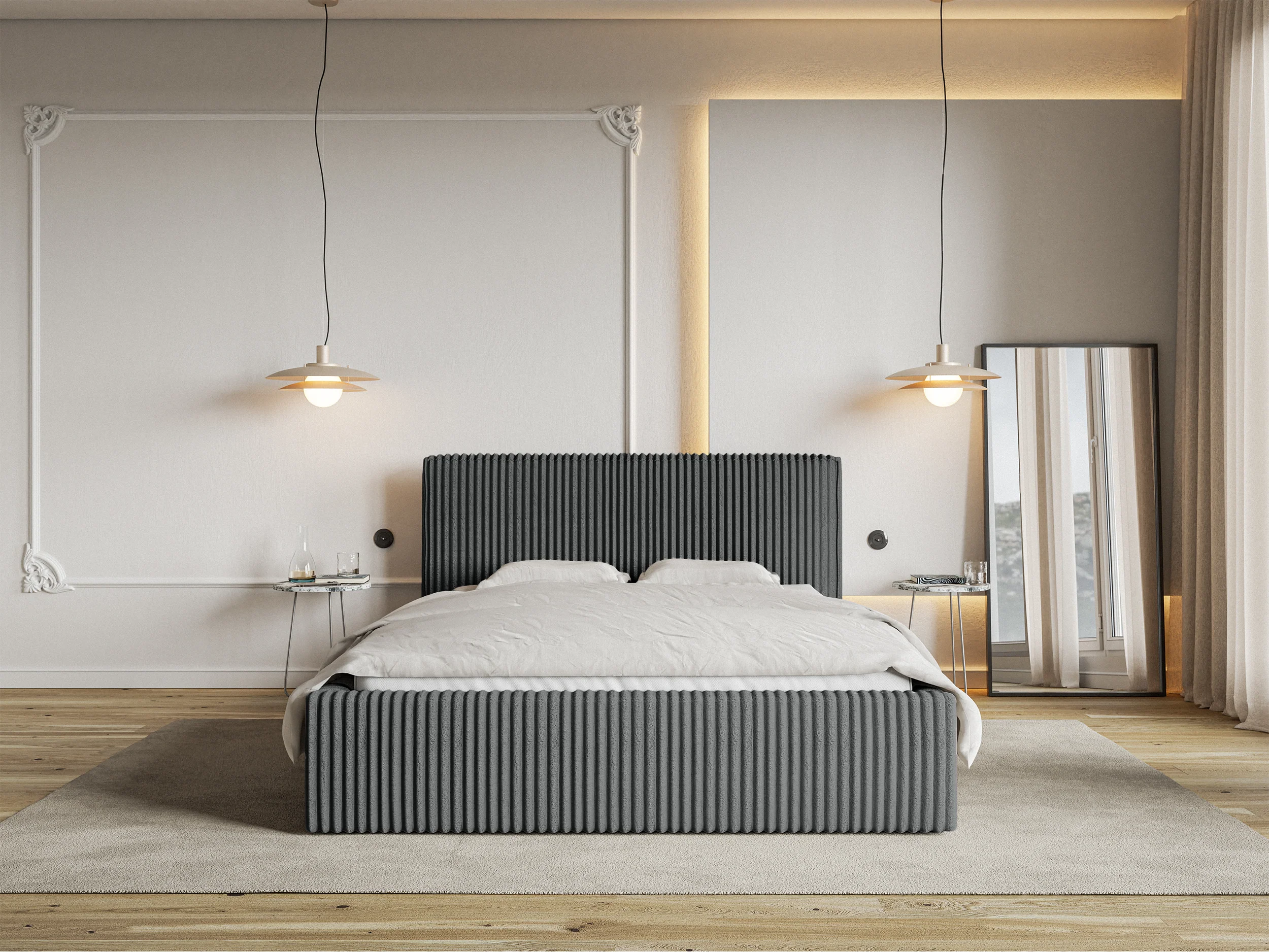 Łóżko tapicerowane 140x200 cm Tilio z pojemnikiem stelaż metalowy szare gruby sztruks - Image 2