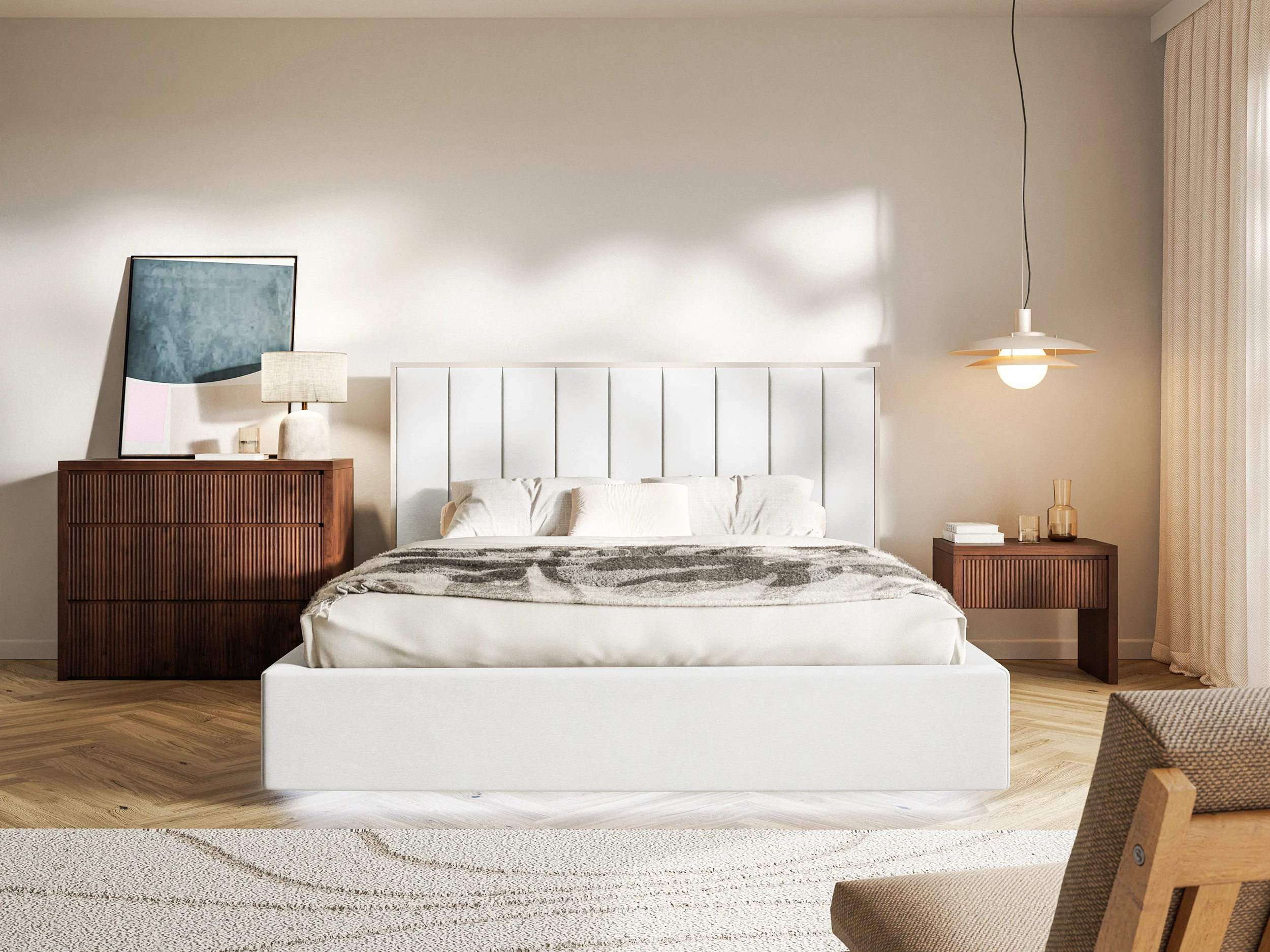 Łóżko tapicerowane 140x200 cm Togents z oświetleniem LED białe welur hydrofobowy - Image 3