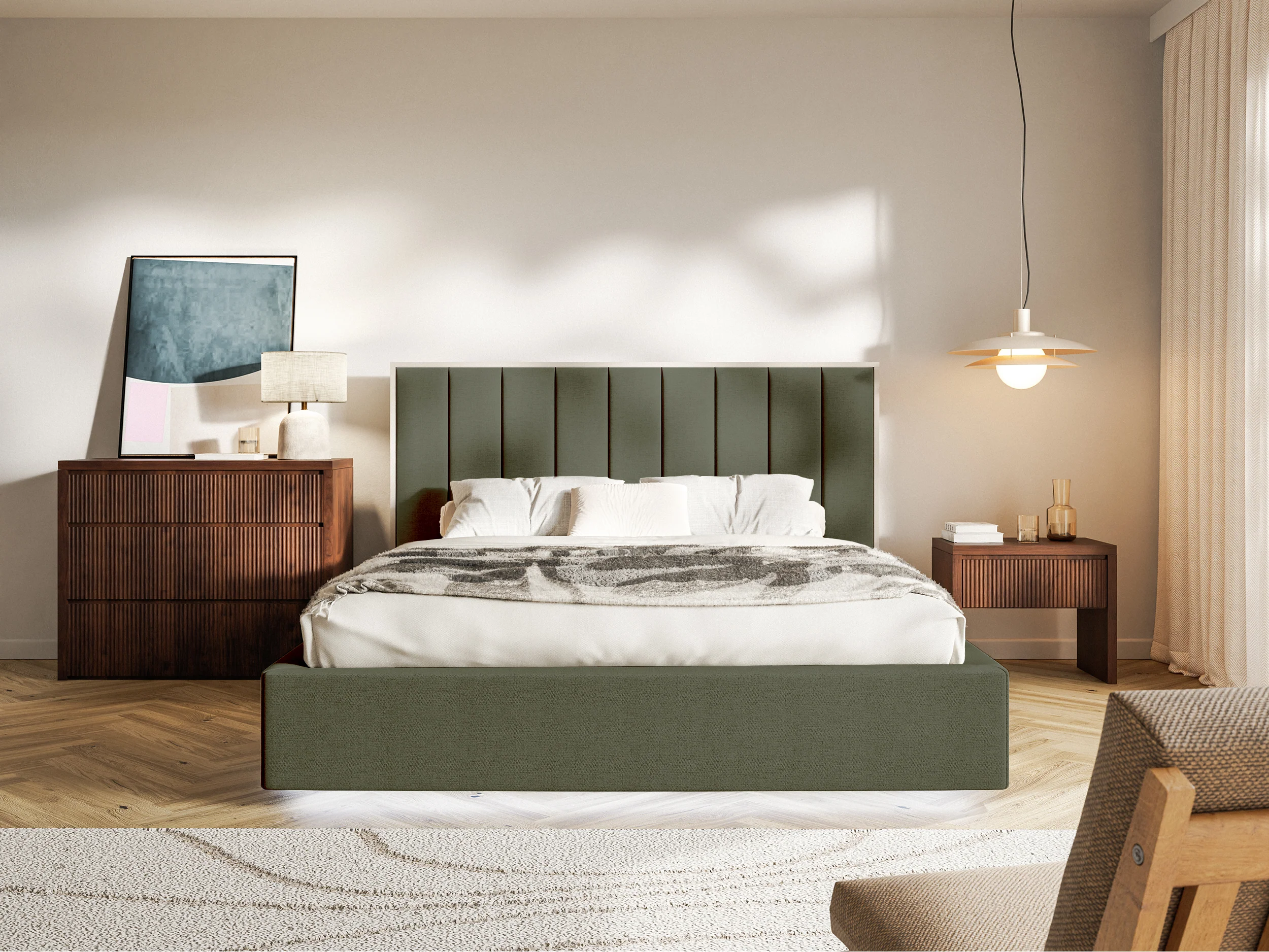 Łóżko tapicerowane 140x200 cm Togents z oświetleniem LED ciemnozielone szenil hydrofobowy - Image 3