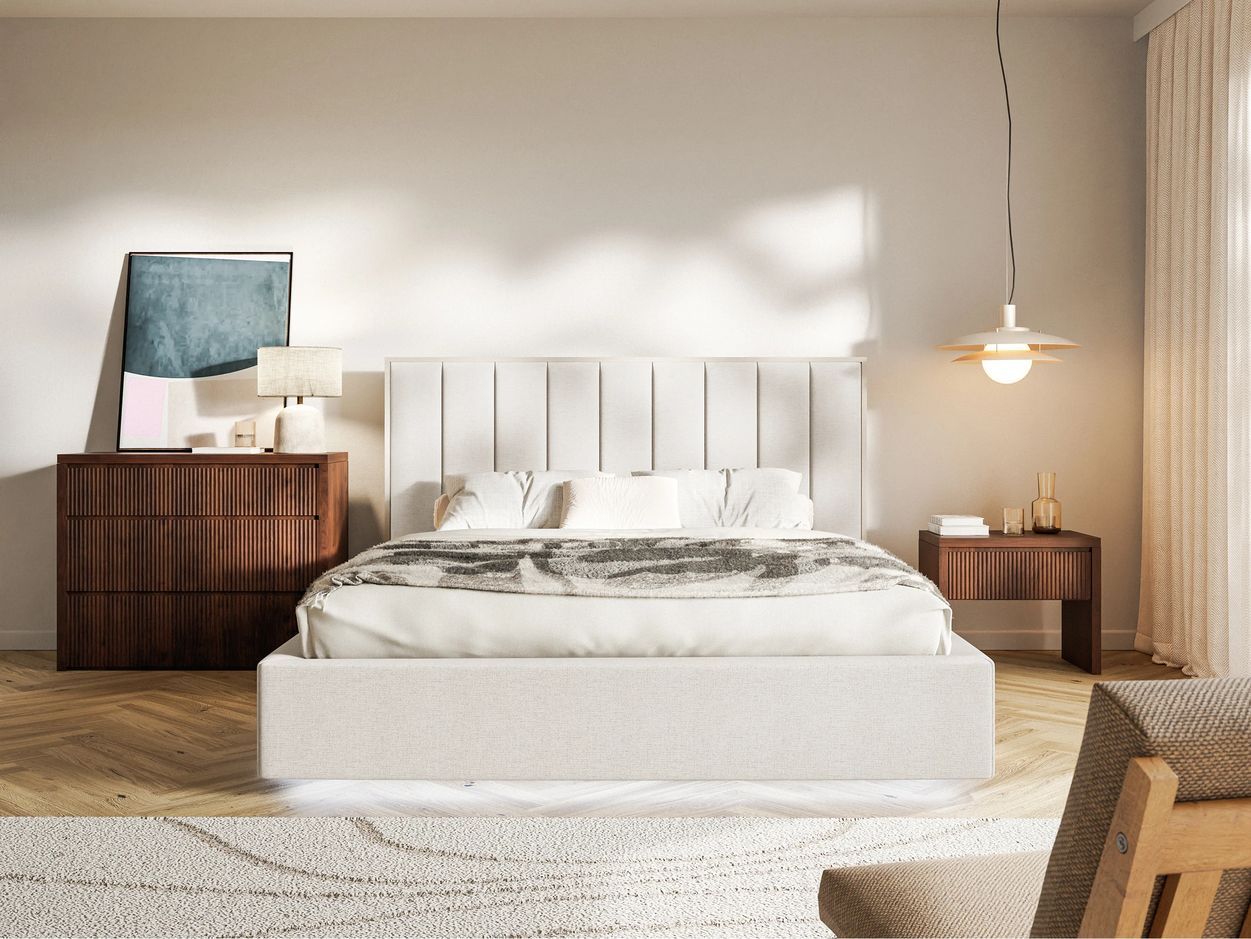 Łóżko tapicerowane 140x200 cm Togents z oświetleniem LED jasnobeżowe szenil hydrofobowy - Image 3