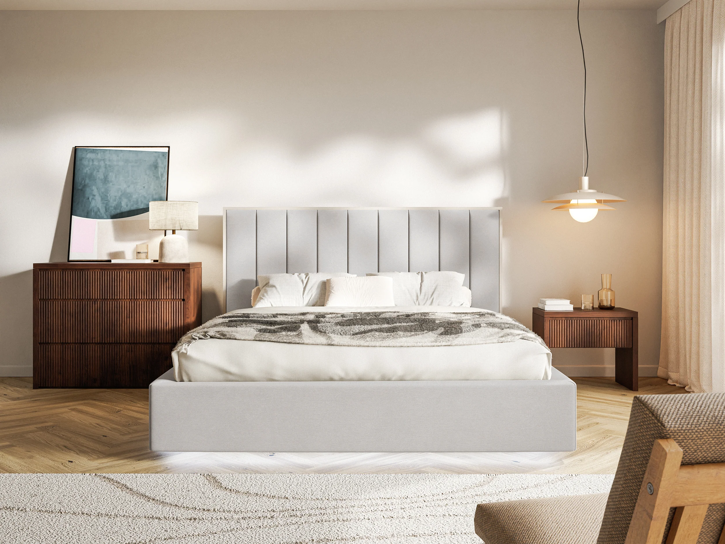 Łóżko tapicerowane 140x200 cm Togents z pojemnikiem i oświetleniem LED stelaż metalowy jasnoszare welur hydrofobowy - Image 3