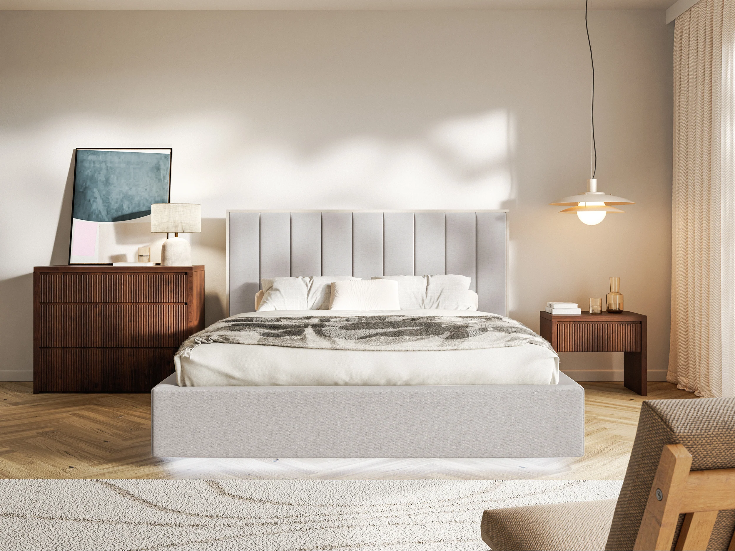 Łóżko tapicerowane 140x200 cm Togents z pojemnikiem i oświetleniem LED stelaż metalowy szarobeżowe szenil hydrofobowy - Image 3