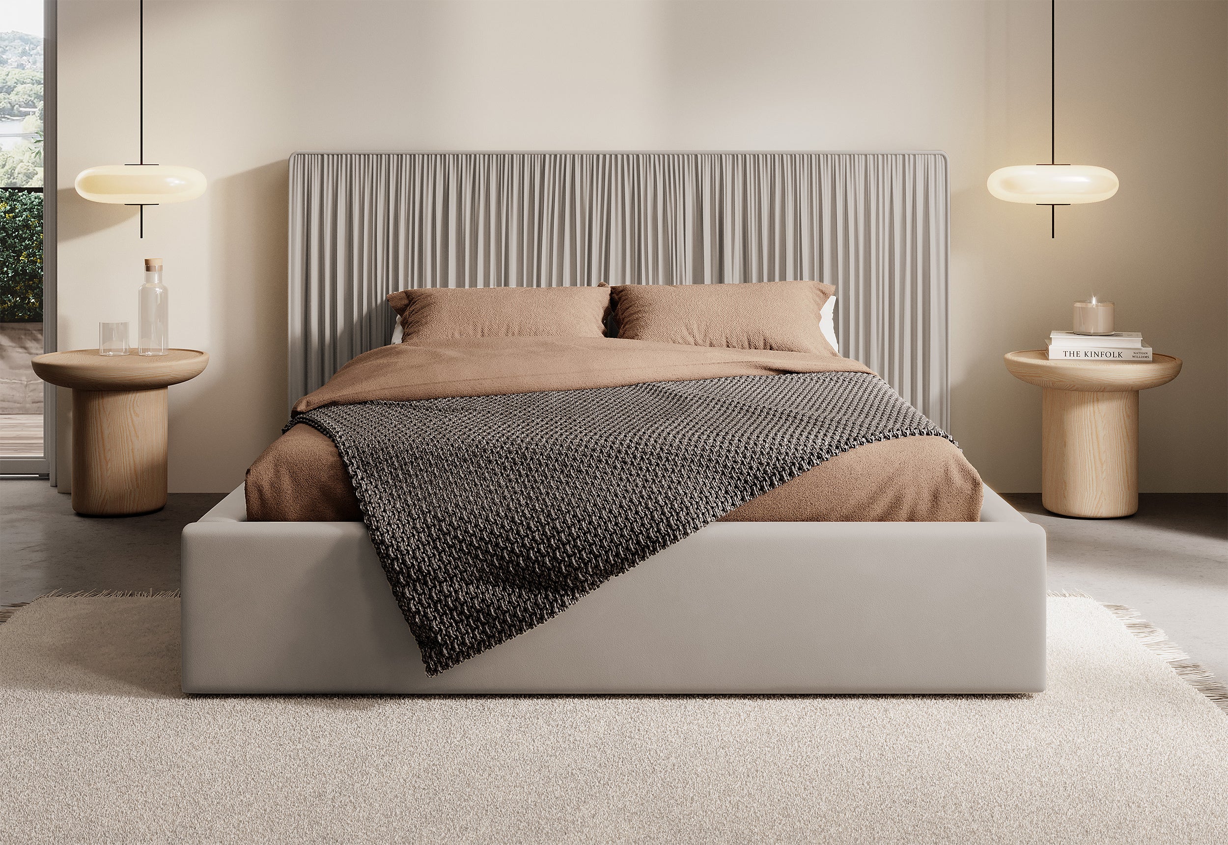 Łóżko tapicerowane 140x200 cm Toile z pojemnikiem z metalowym stelażem szarobeżowe welur - Image 3
