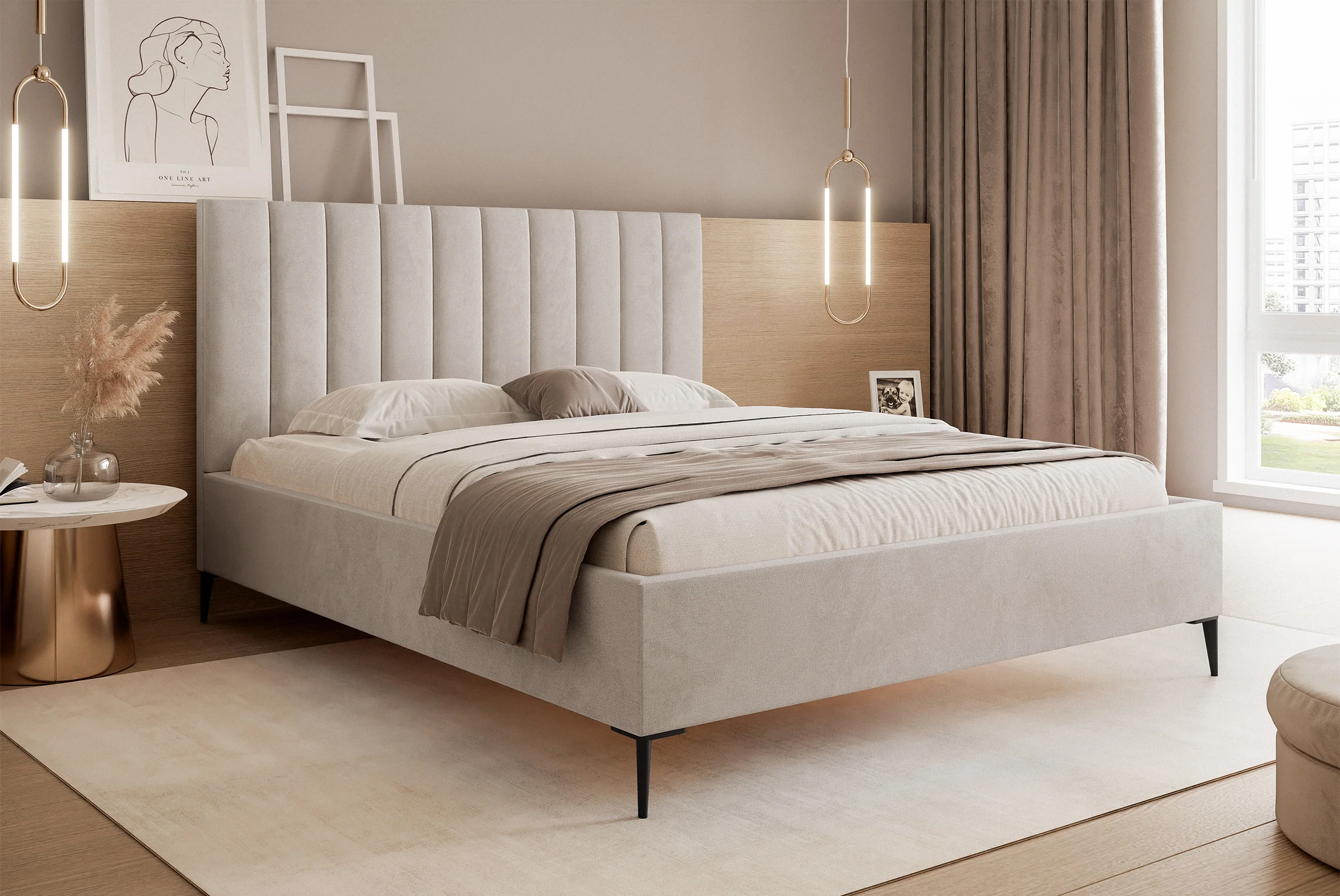 Łóżko tapicerowane 140x200 cm Veloro z pojemnikiem beżowe welur stelaż metalowy na wysokich nóżkach - Image 2