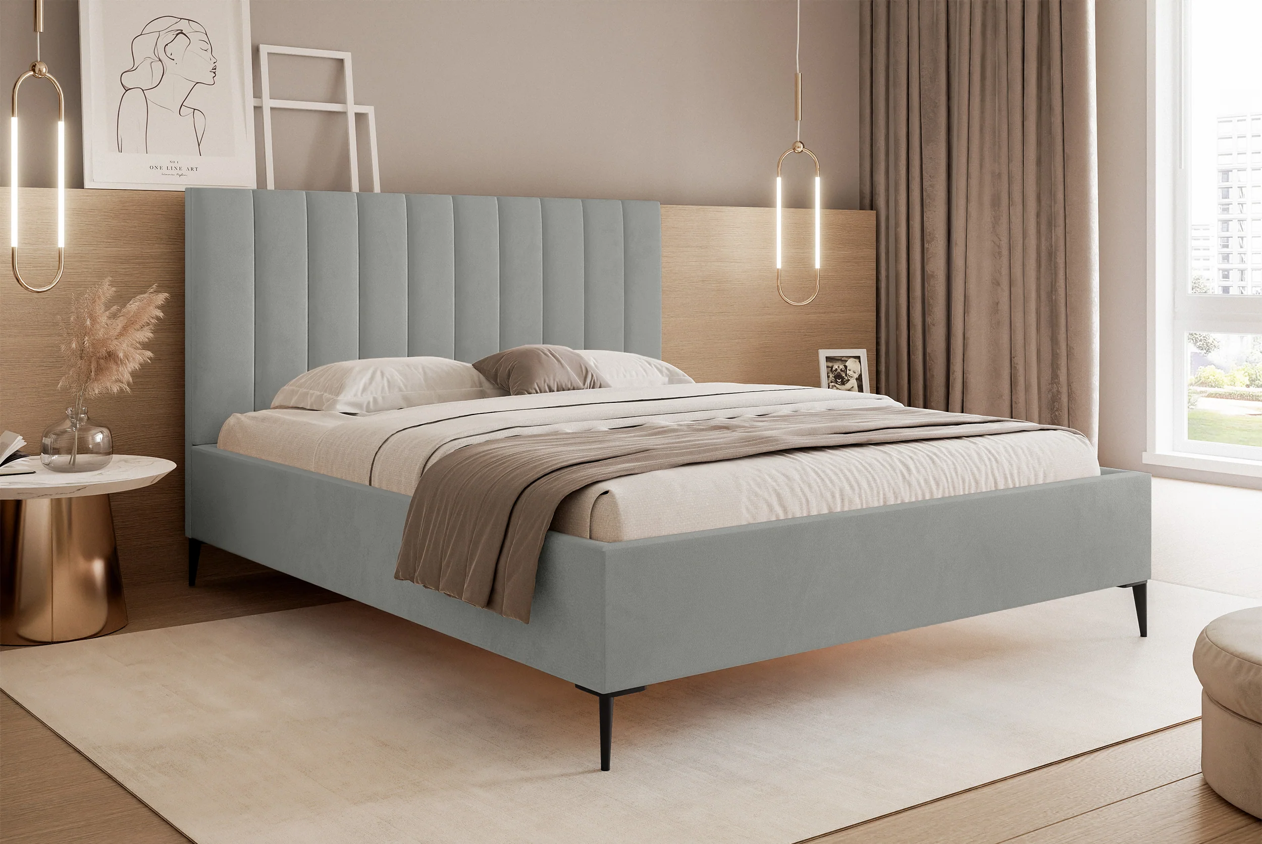 Łóżko tapicerowane 140x200 cm Veloro z pojemnikiem jasnoszare welur stelaż metalowy na wysokich nóżkach - Image 2
