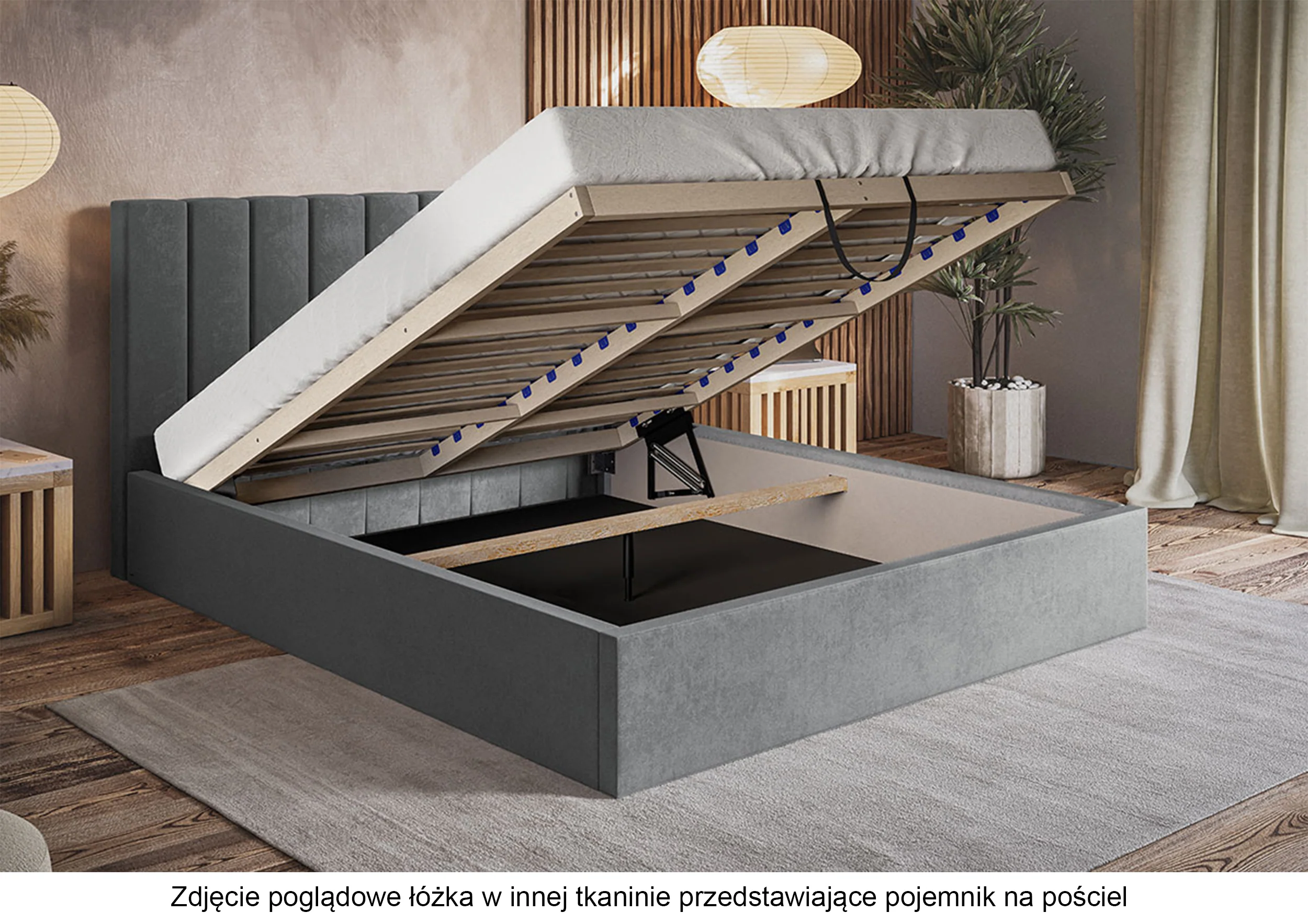 Łóżko tapicerowane 160x200 cm Bellaris z pojemnikiem i pionowymi panelami na wezgłowiu czarne - Image 3