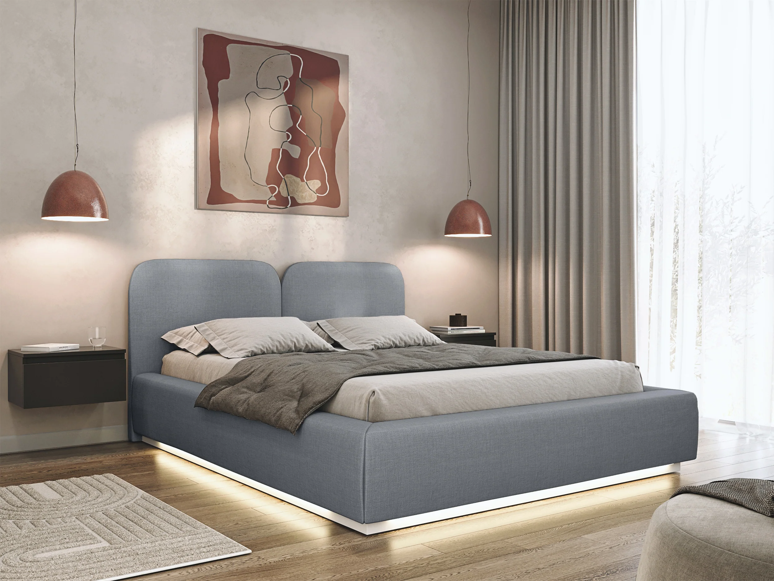 Łóżko tapicerowane 160x200 cm Comoves z oświetleniem LED szare szenil - Image 2