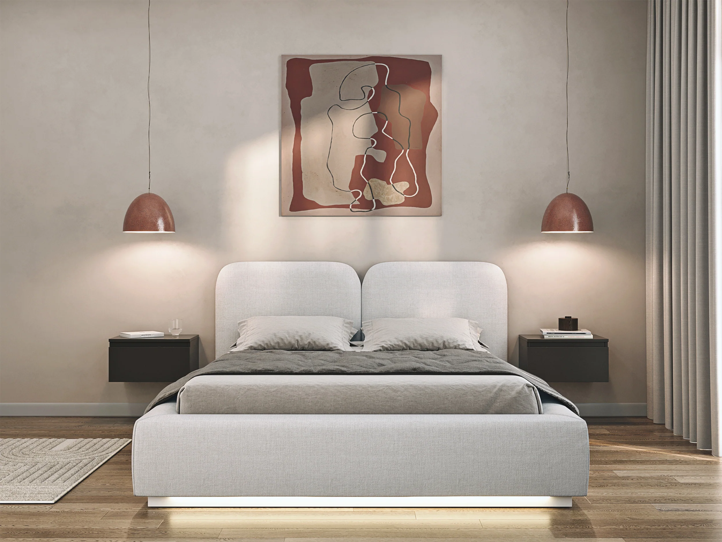 Łóżko tapicerowane 160x200 cm Comoves z pojemnikiem i oświetleniem LED stelaż metalowy jasnoszare szenil - Image 3